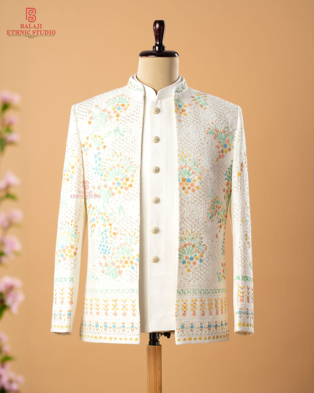 Ivory Floral Open Jodhpuri Set with Inner Half Sleeve Jacket