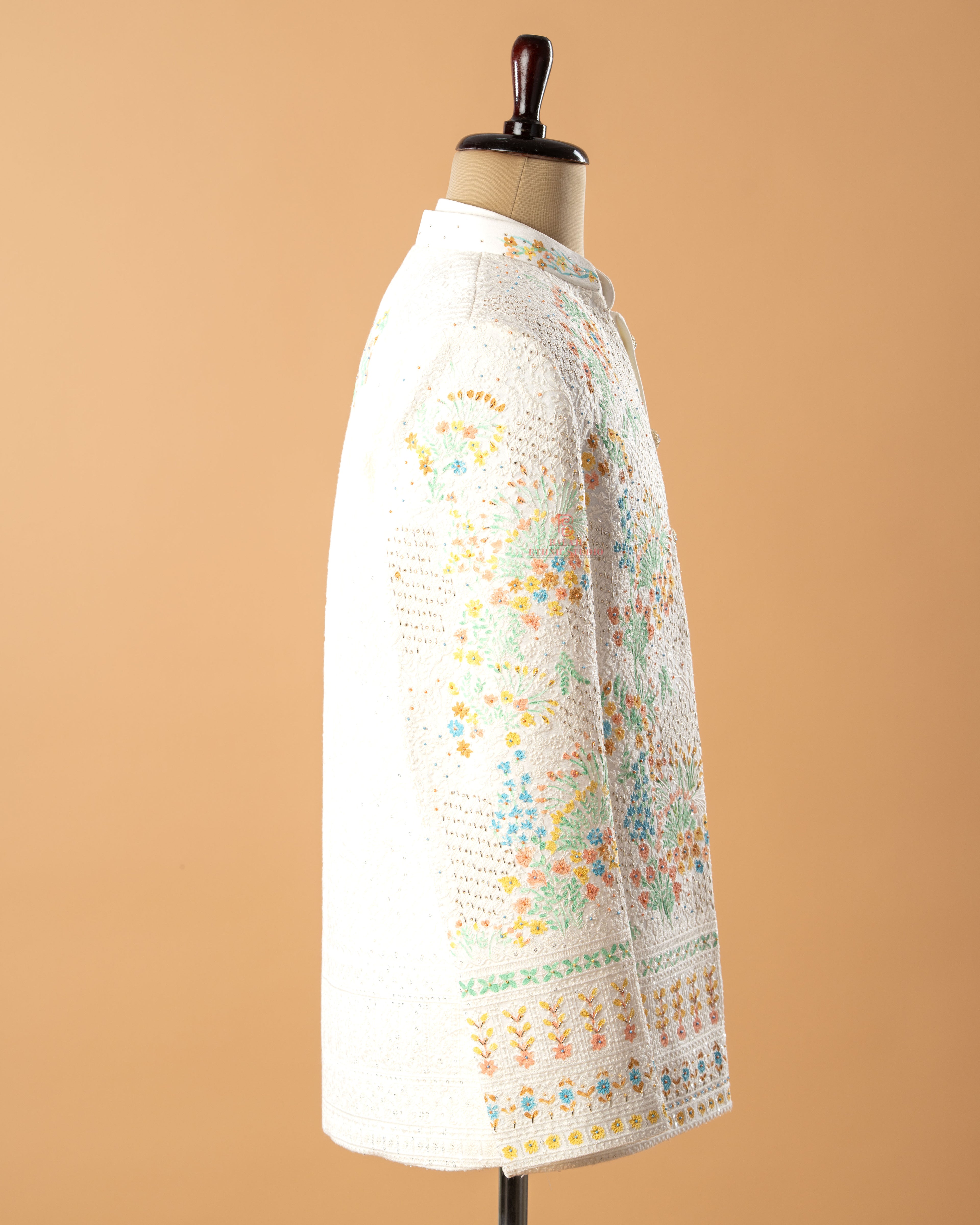 Ivory Floral Open Jodhpuri Set with Inner Half Sleeve Jacket