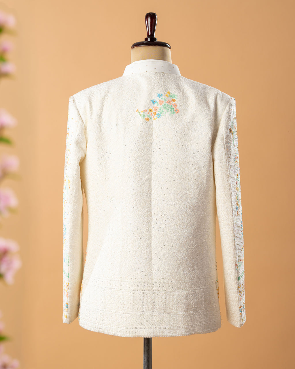 Ivory Floral Open Jodhpuri Set with Inner Half Sleeve Jacket