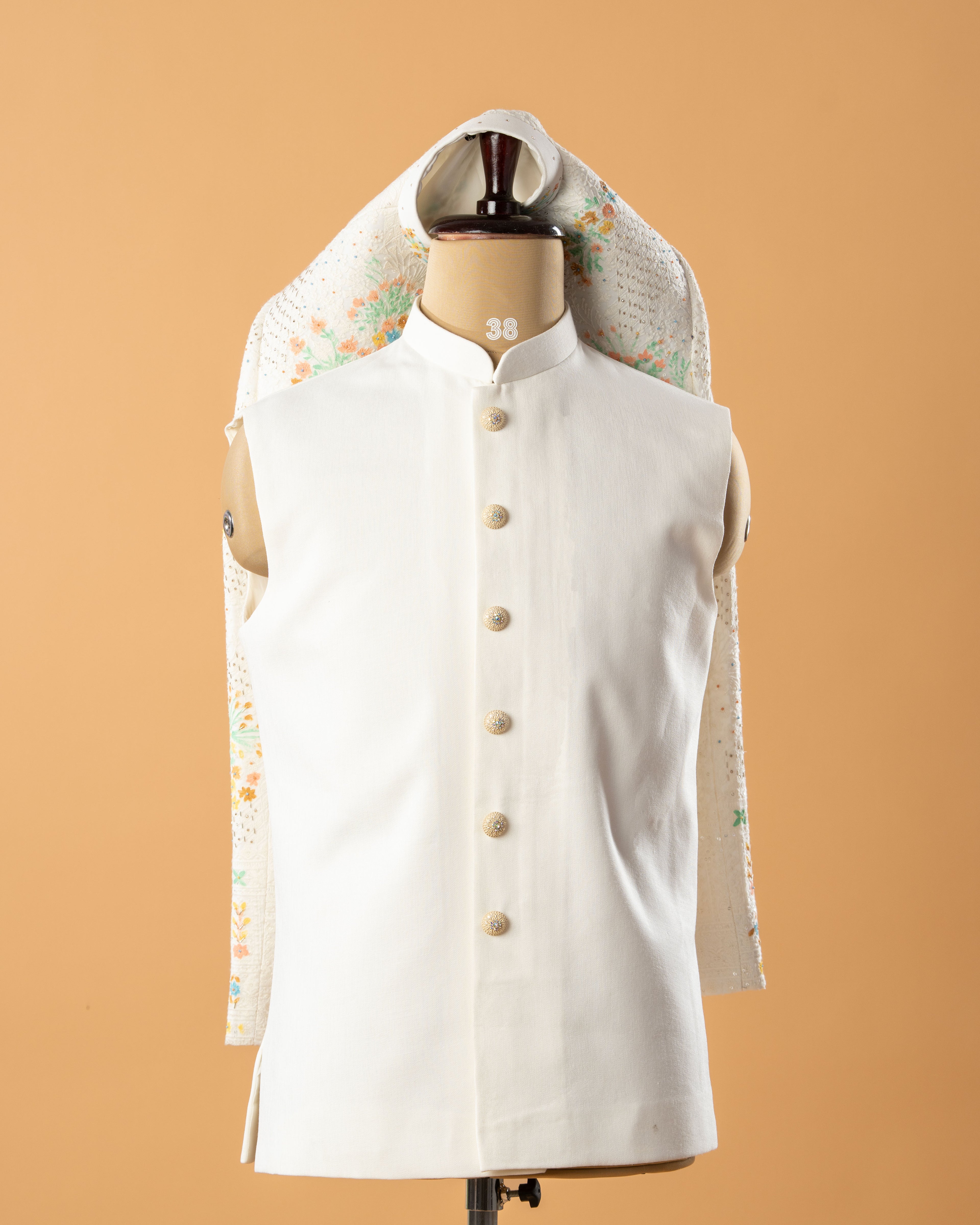 Ivory Floral Open Jodhpuri Set with Inner Half Sleeve Jacket
