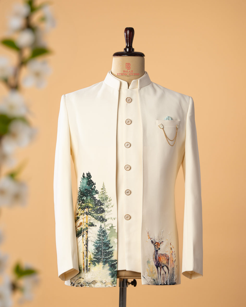 Cream Open Jodhpuri with Deer Print