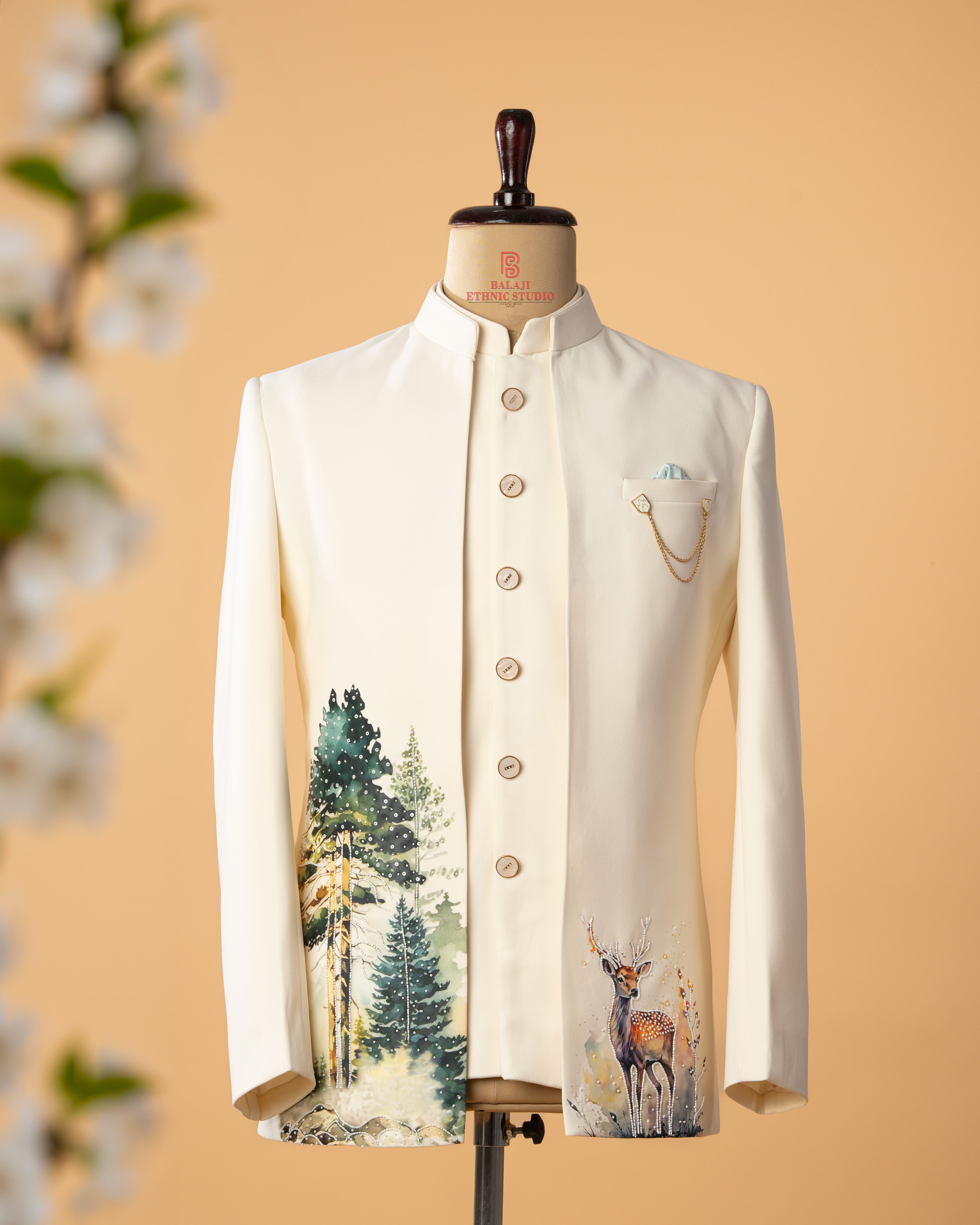 Cream Open Jodhpuri with Deer Print