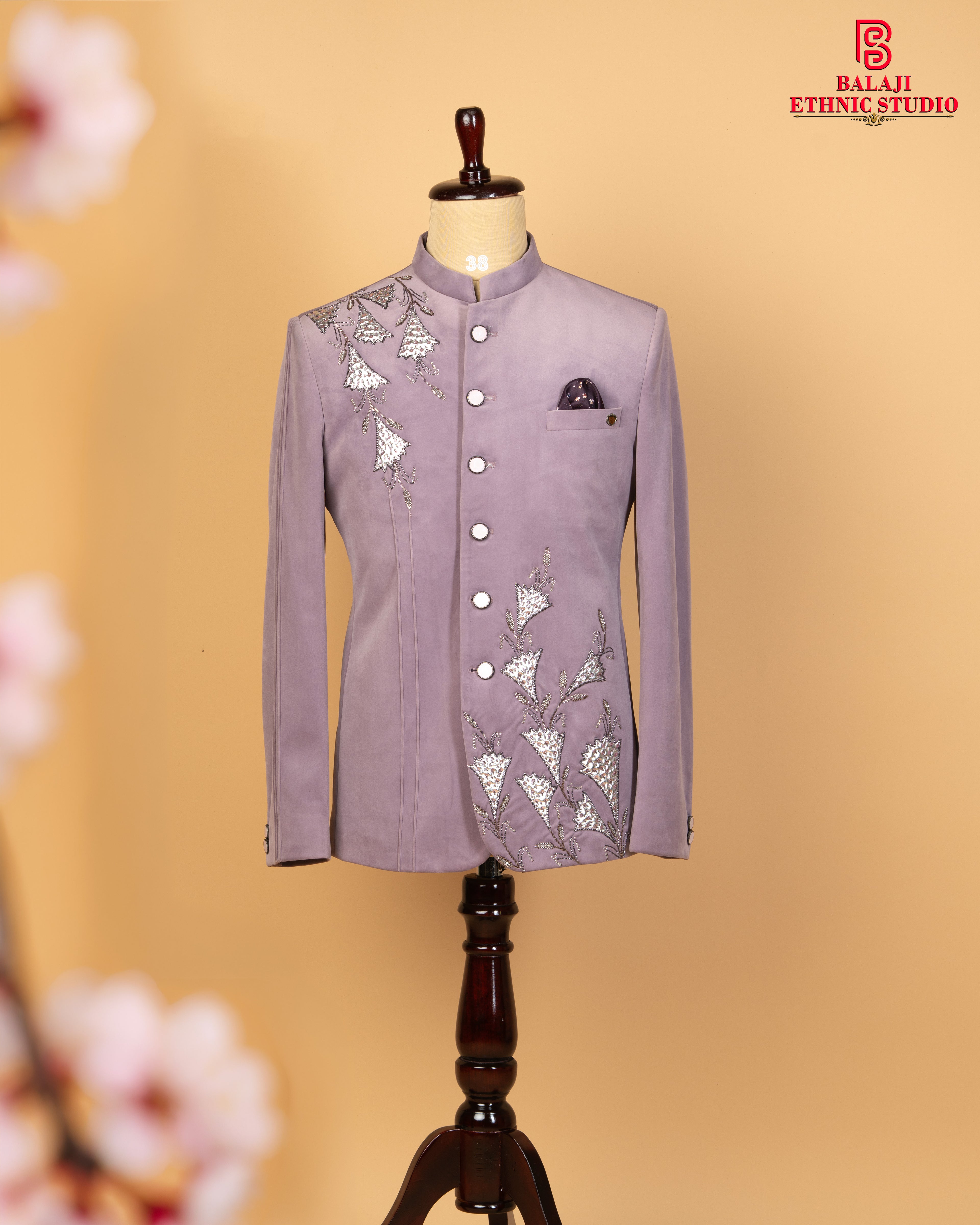 Lavender Velvet Jodhpuri with Floral Kardana Work