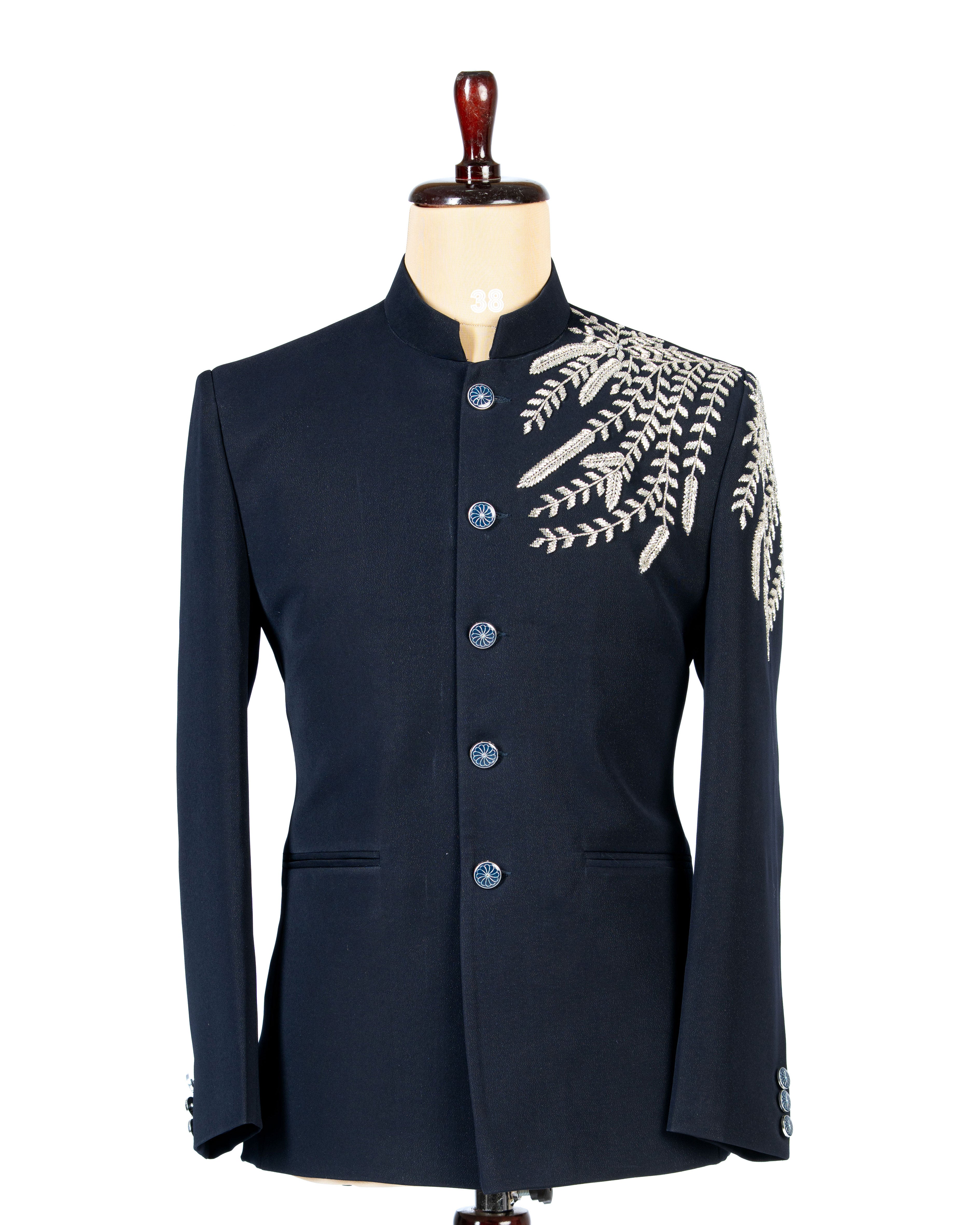 Designer Blue Jodhpuri Blazer Set with Silver Work