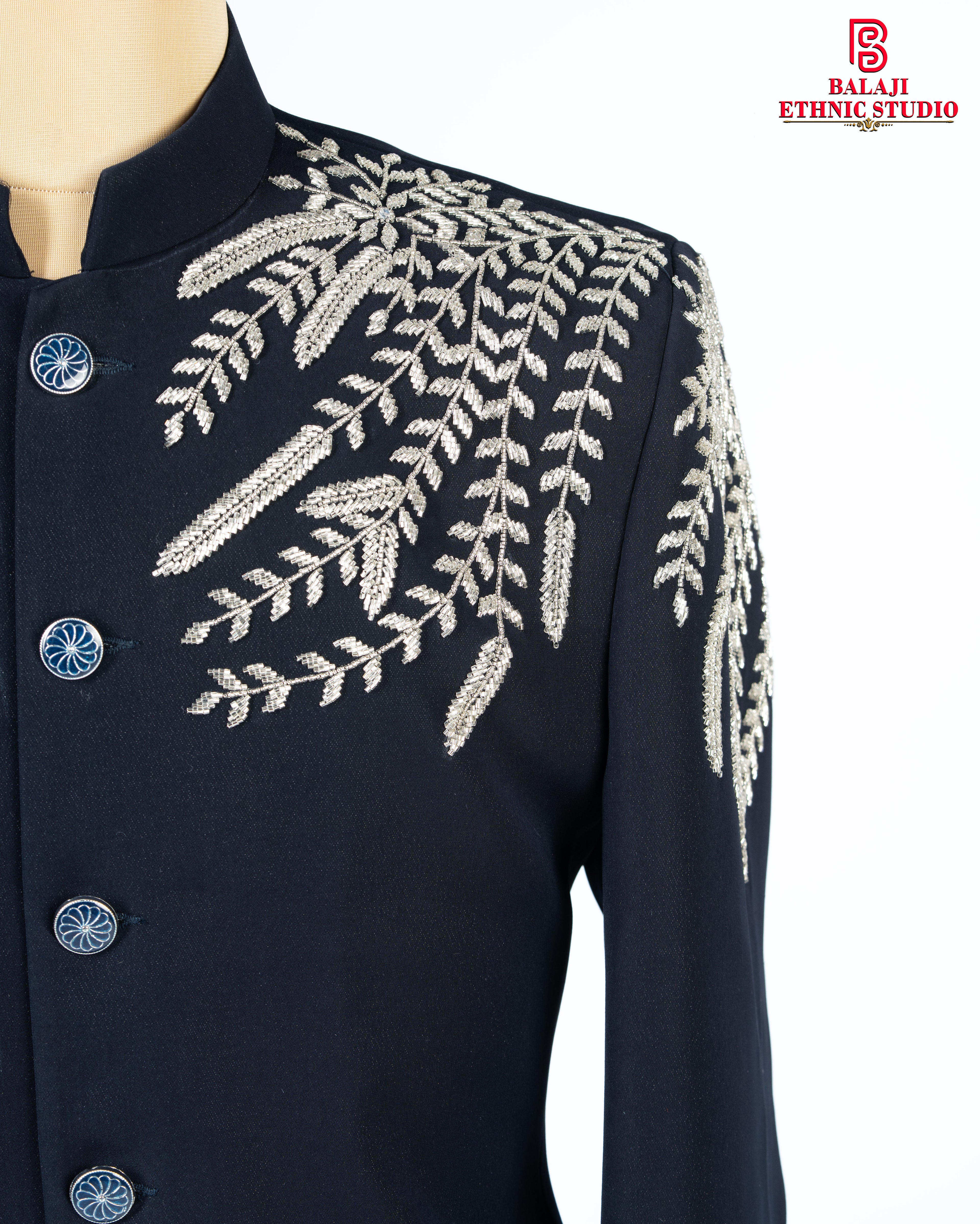Designer Blue Jodhpuri Blazer Set with Silver Work