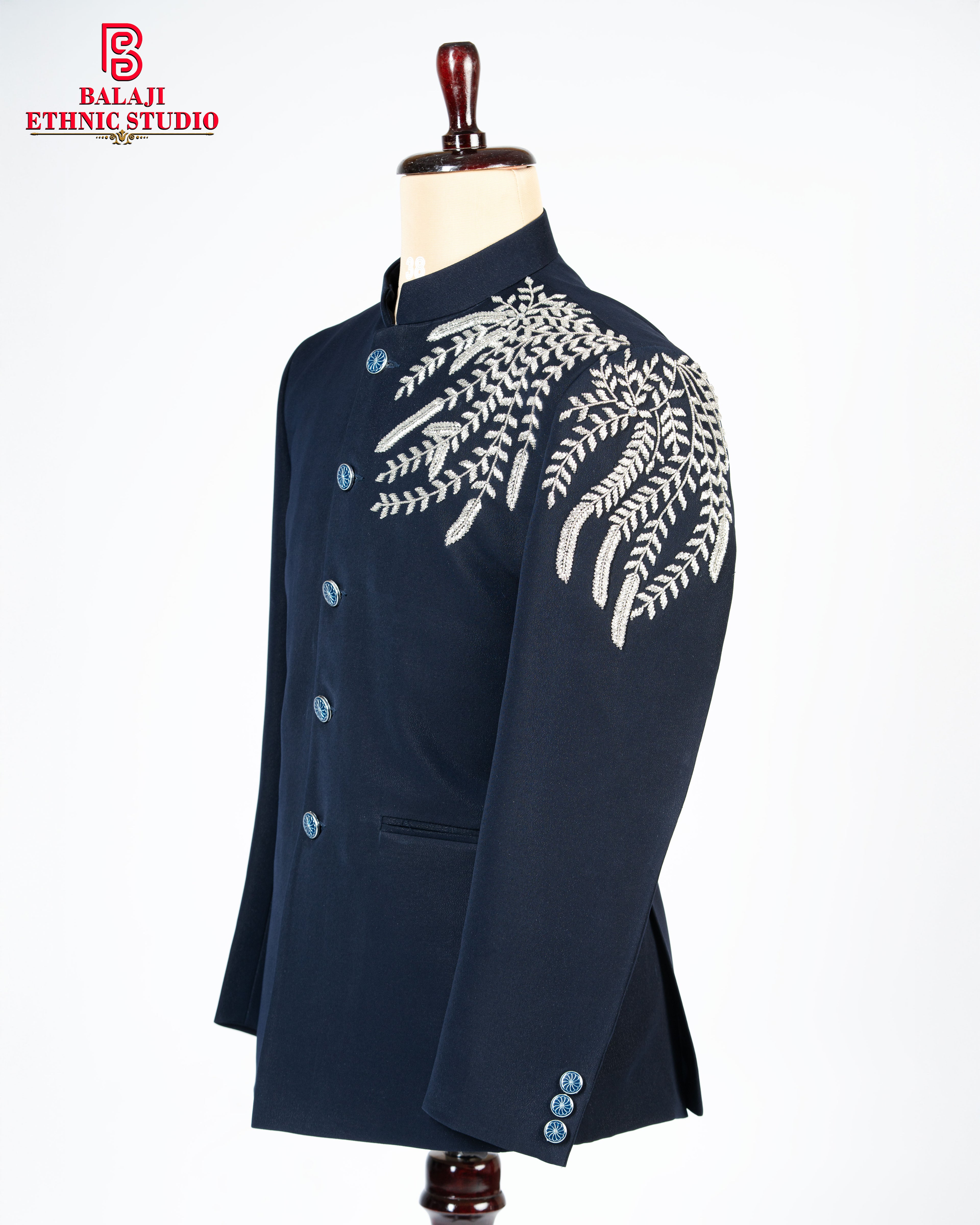Designer Blue Jodhpuri Blazer Set with Silver Work