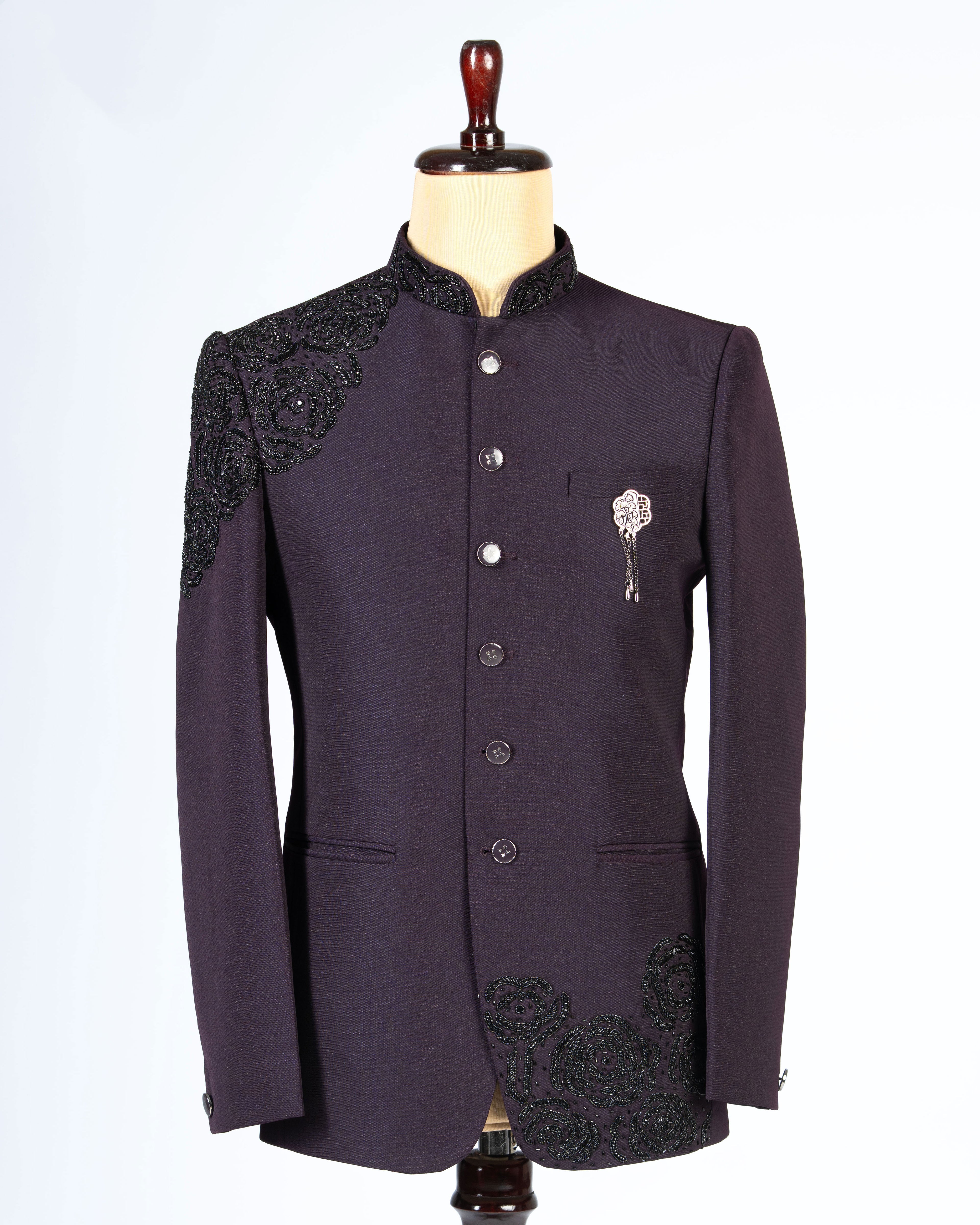 Designer Lavender Purple Jodhpuri Blazer Set with Black Kardana Work