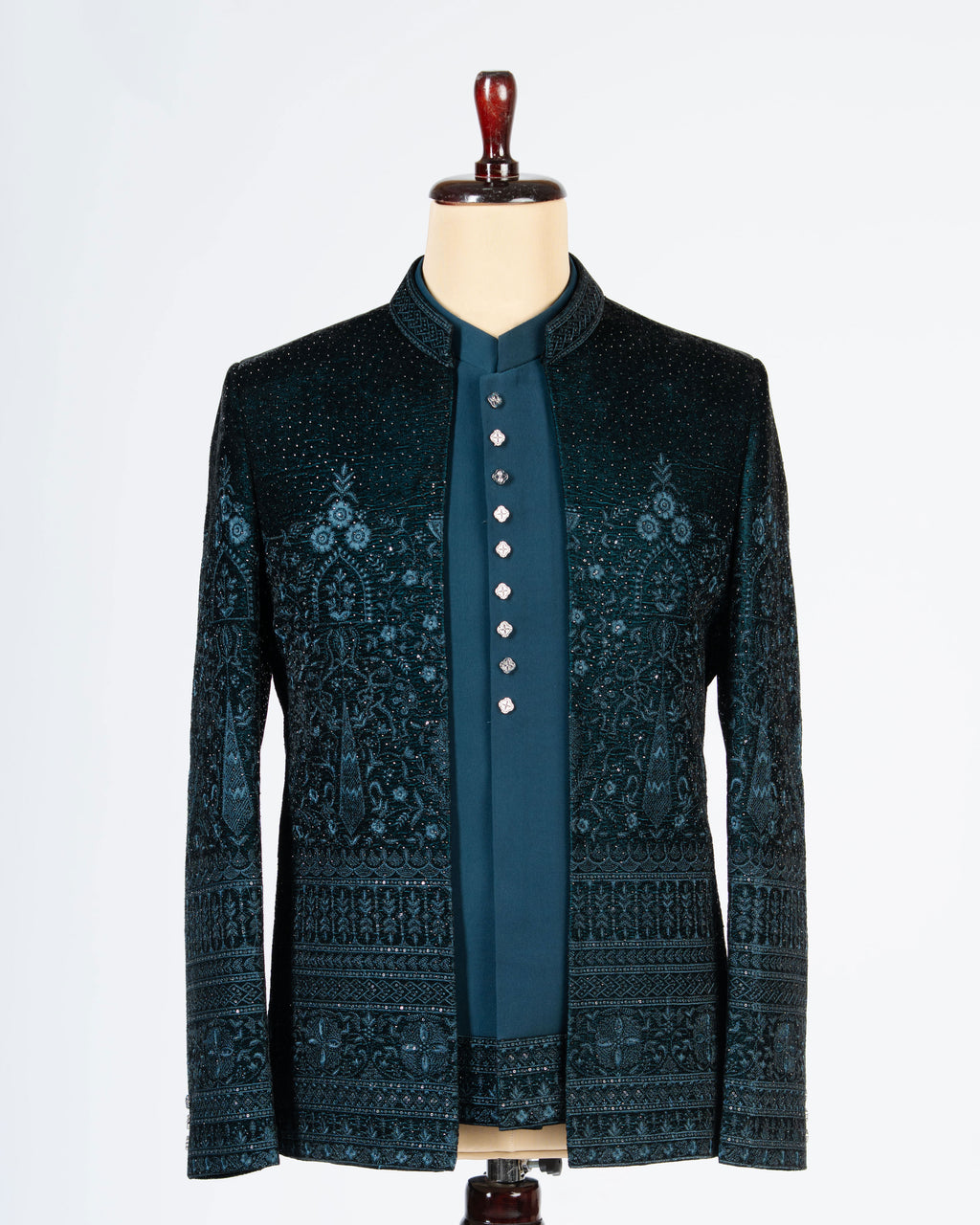 Designer Teal Blue Velvet Open Jodhpuri Set with Heavy Work