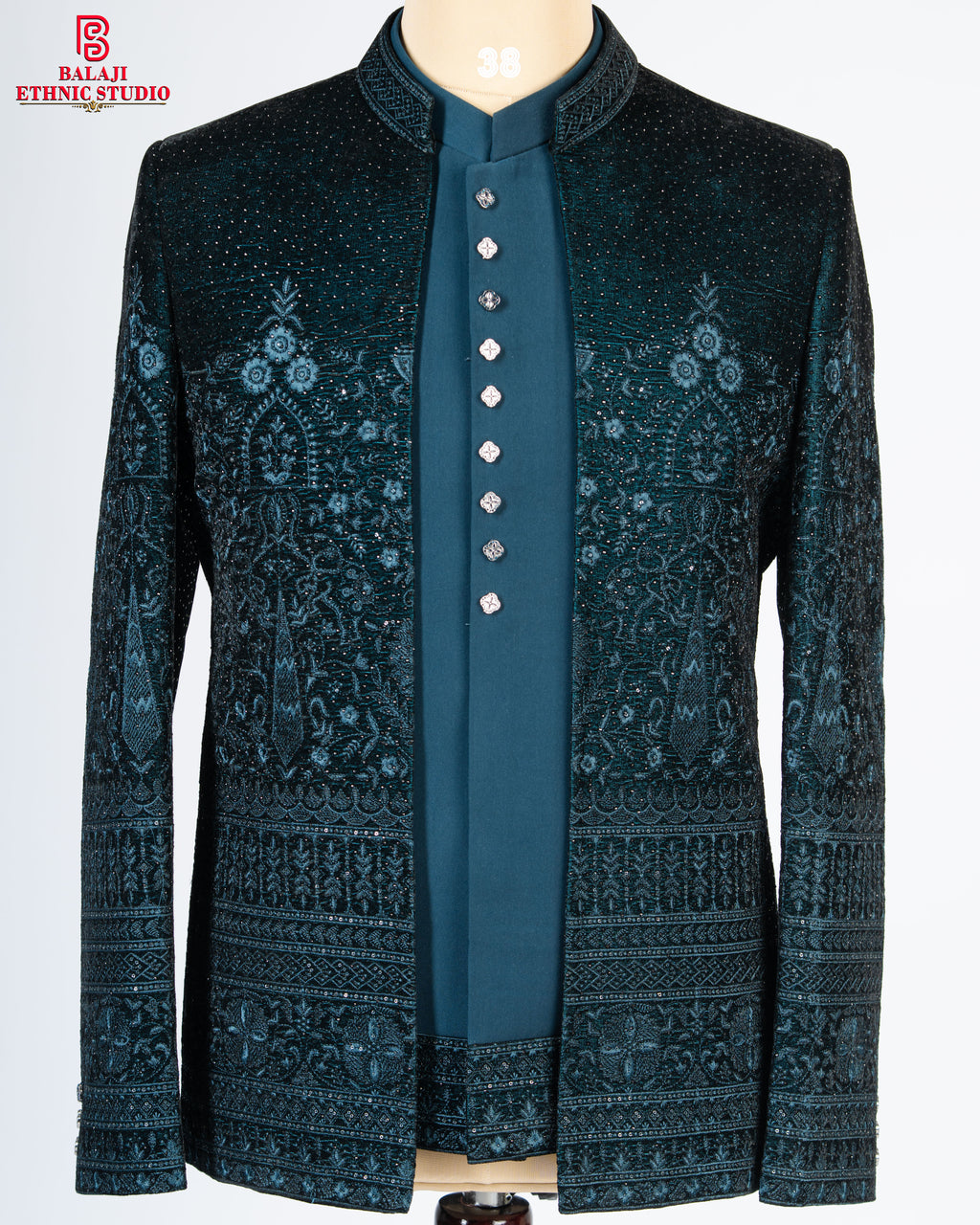 Designer Teal Blue Velvet Open Jodhpuri Set with Heavy Work