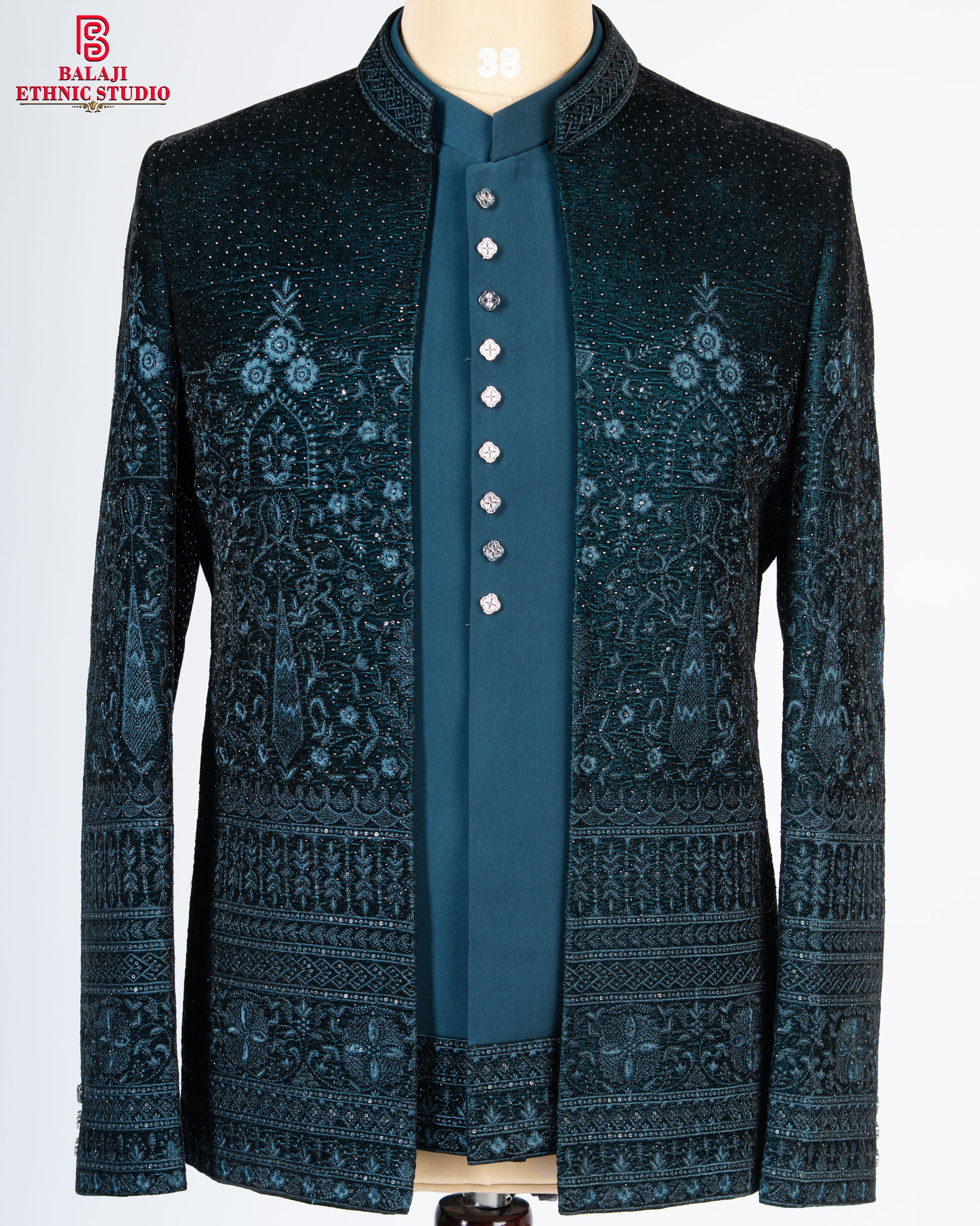 Designer Teal Blue Velvet Open Jodhpuri Set with Heavy Work