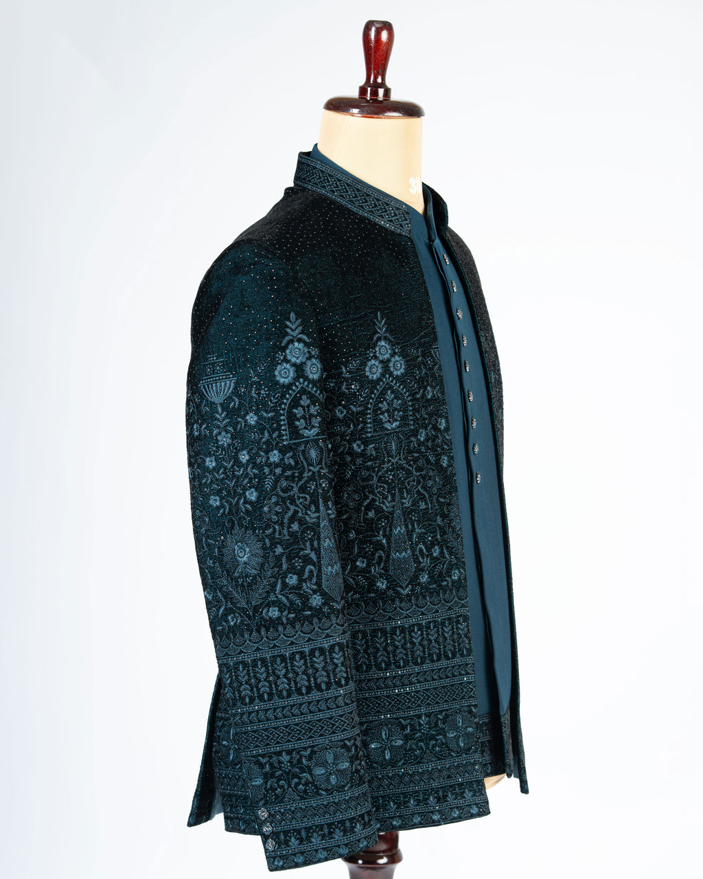 Designer Teal Blue Velvet Open Jodhpuri Set with Heavy Work