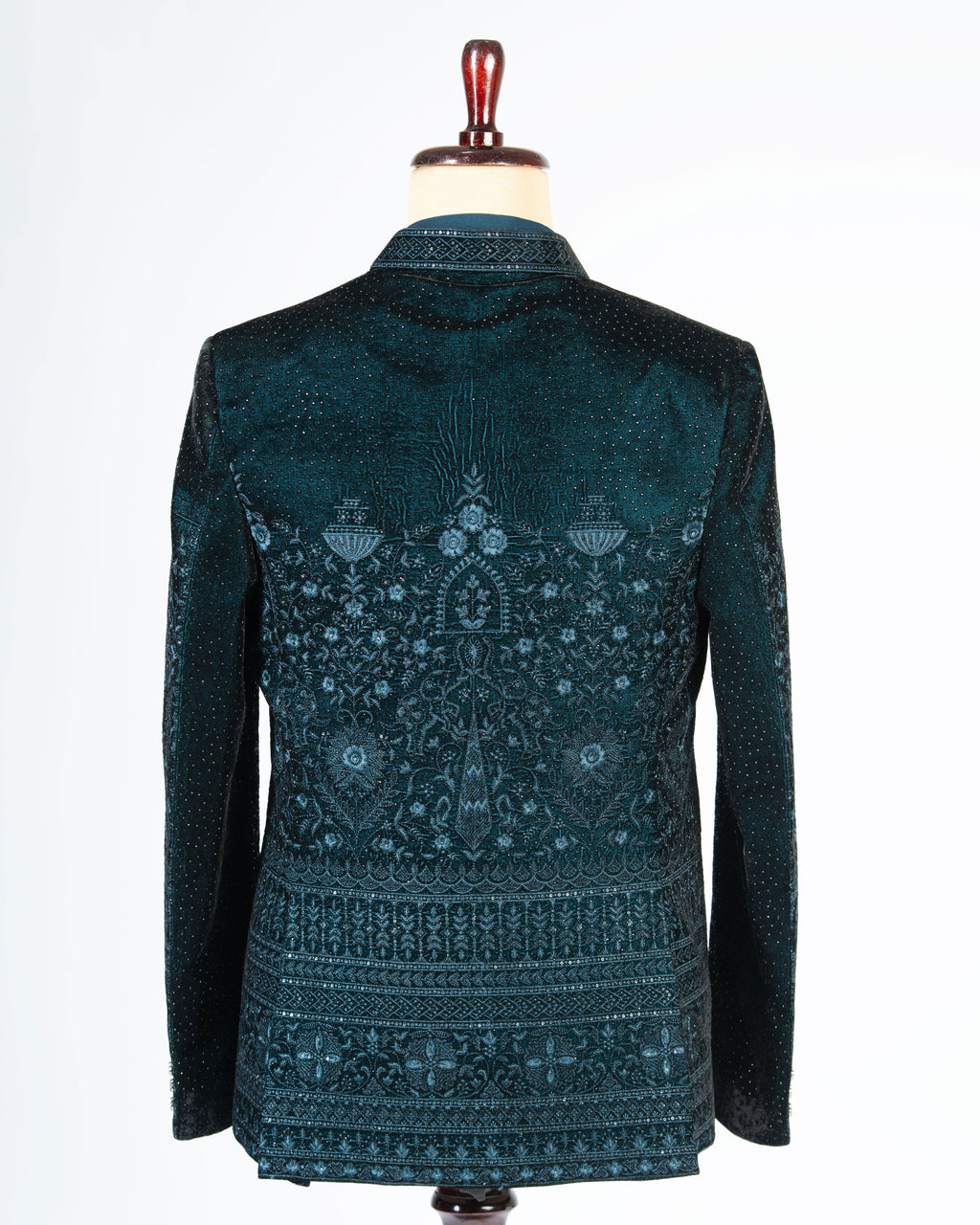 Designer Teal Blue Velvet Open Jodhpuri Set with Heavy Work