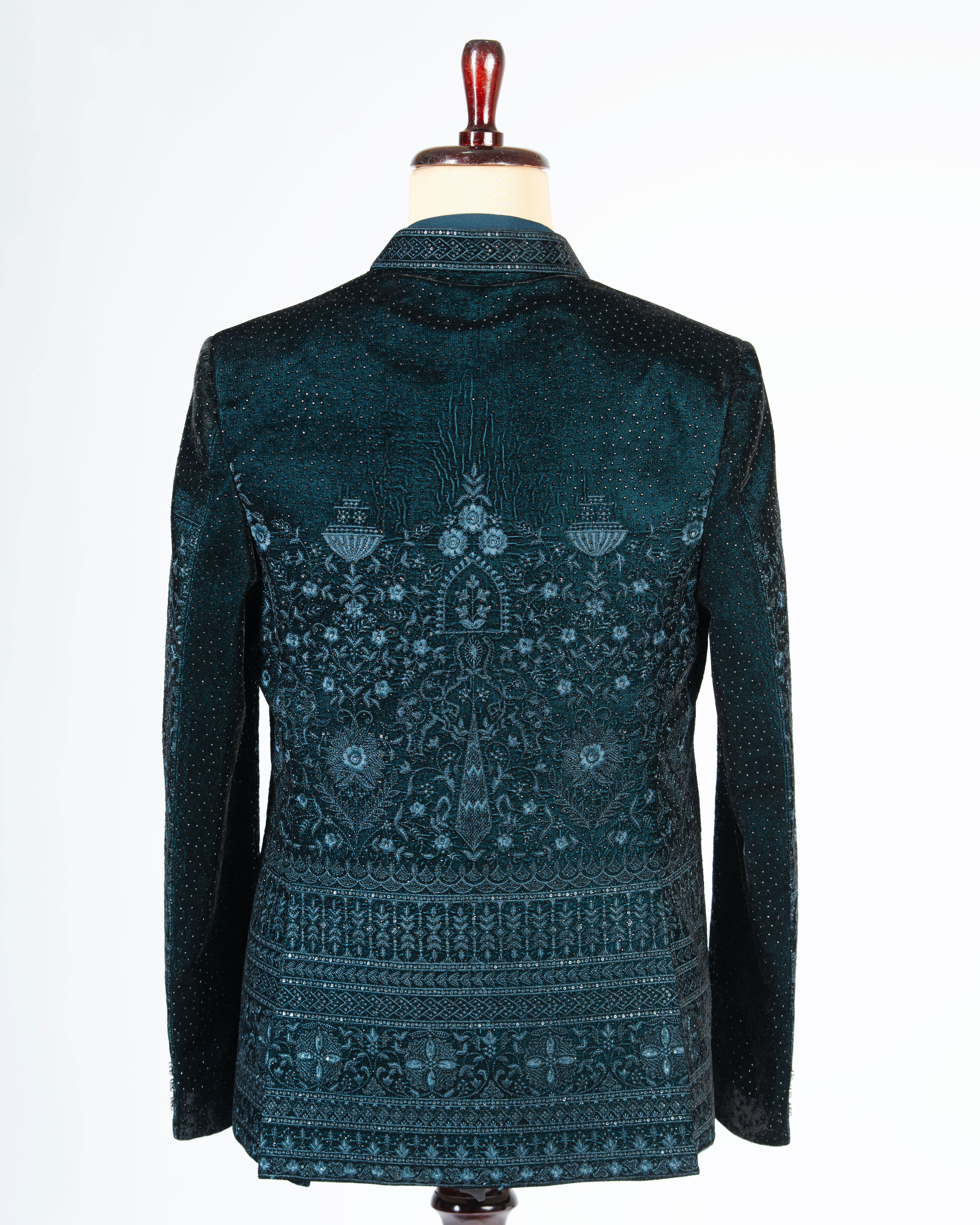 Designer Teal Blue Velvet Open Jodhpuri Set with Heavy Work