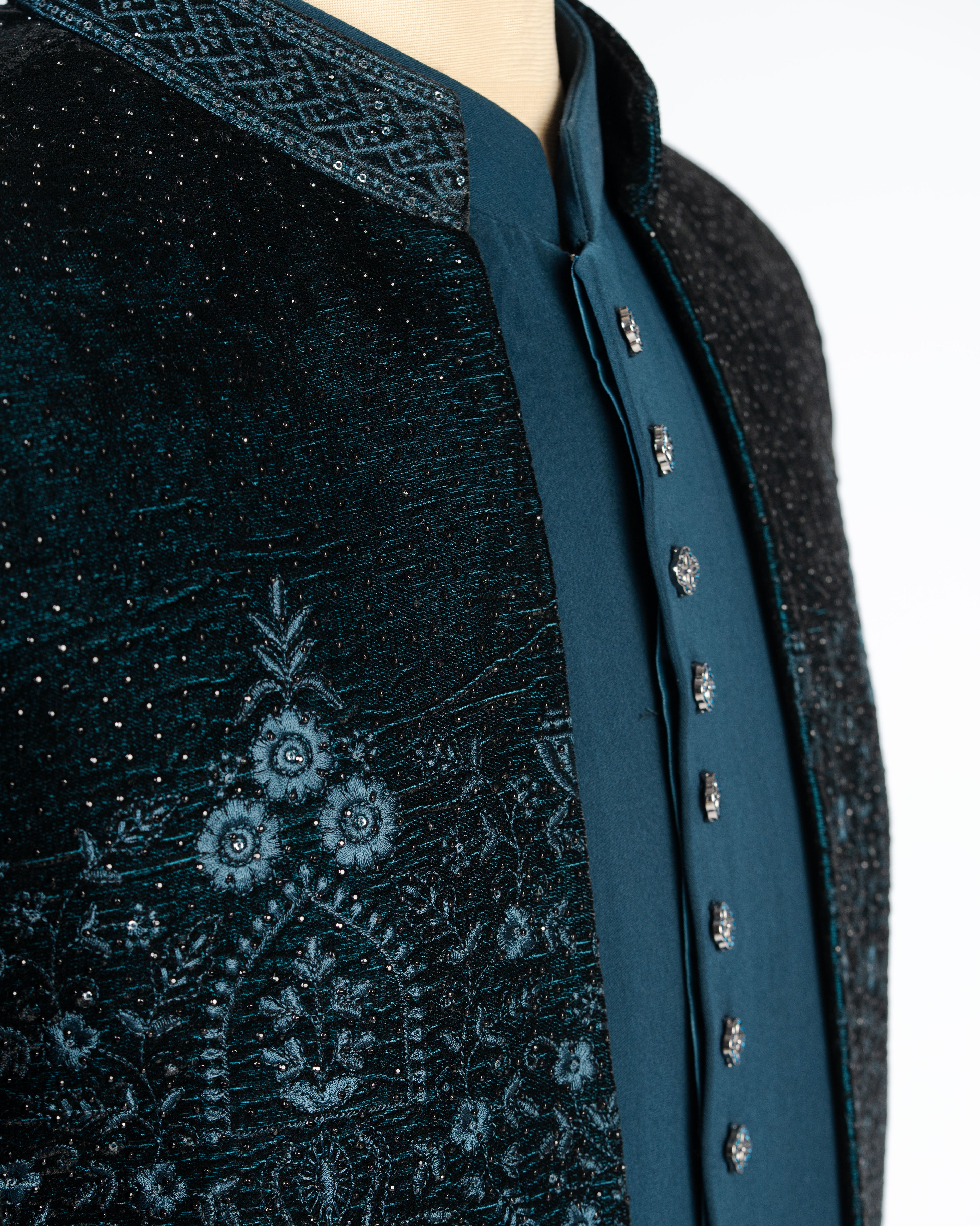Designer Teal Blue Velvet Open Jodhpuri Set with Heavy Work