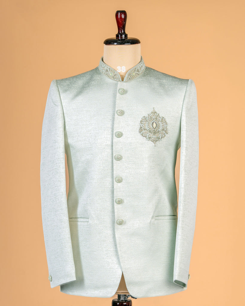 Premium Pista Green Jodhpuri with Zardosi Pocket Motif Work