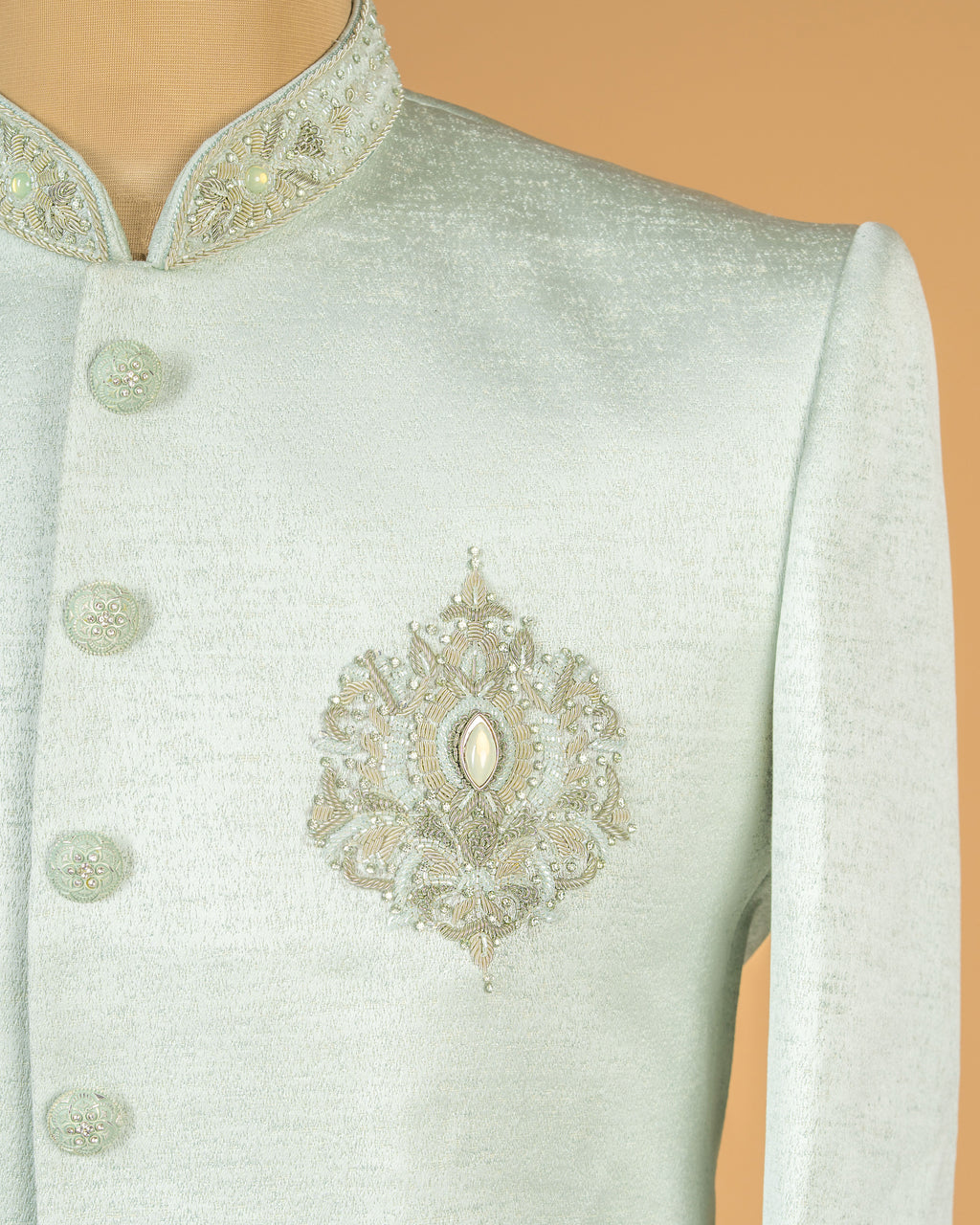 Premium Pista Green Jodhpuri with Zardosi Pocket Motif Work