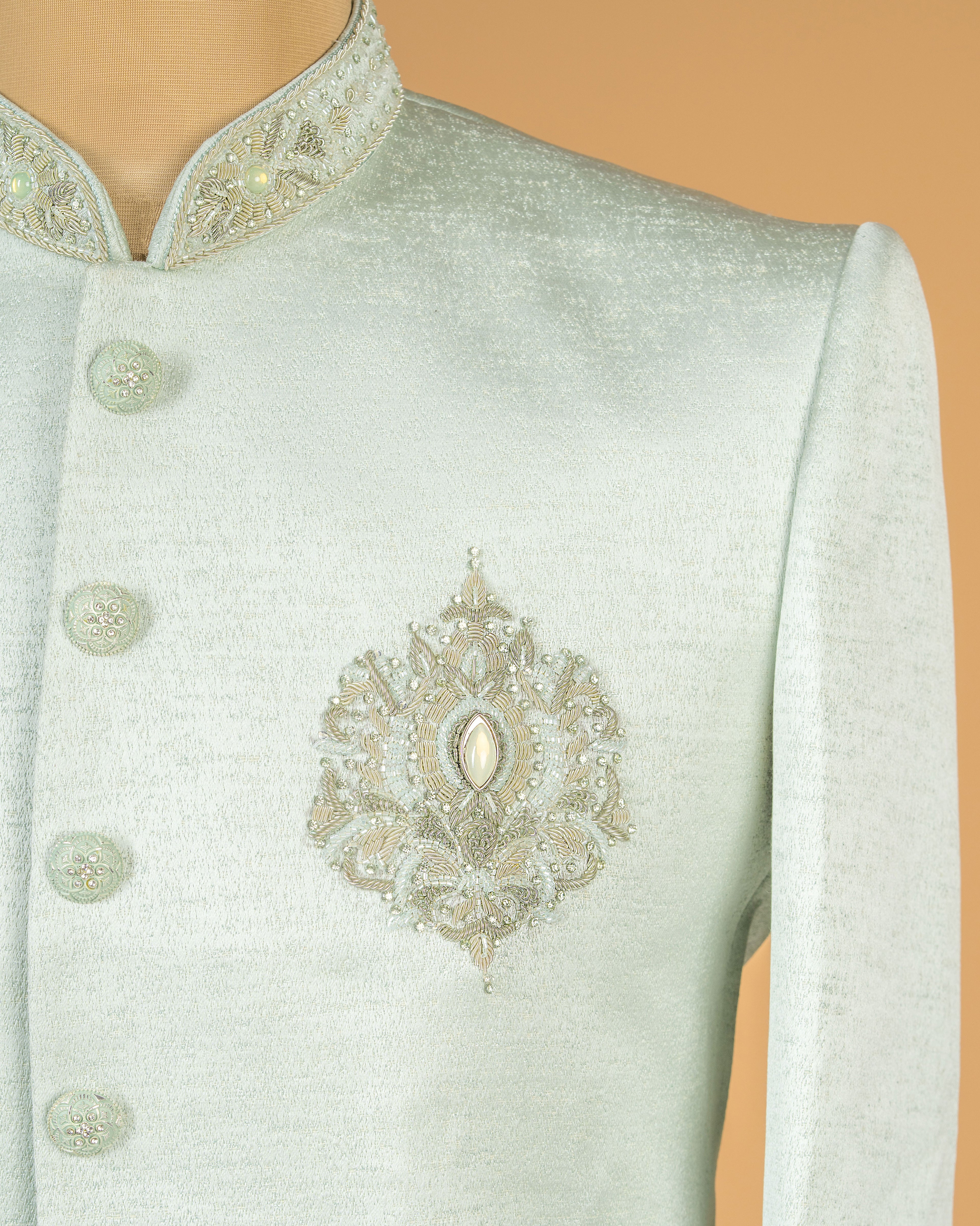 Premium Pista Green Jodhpuri with Zardosi Pocket Motif Work