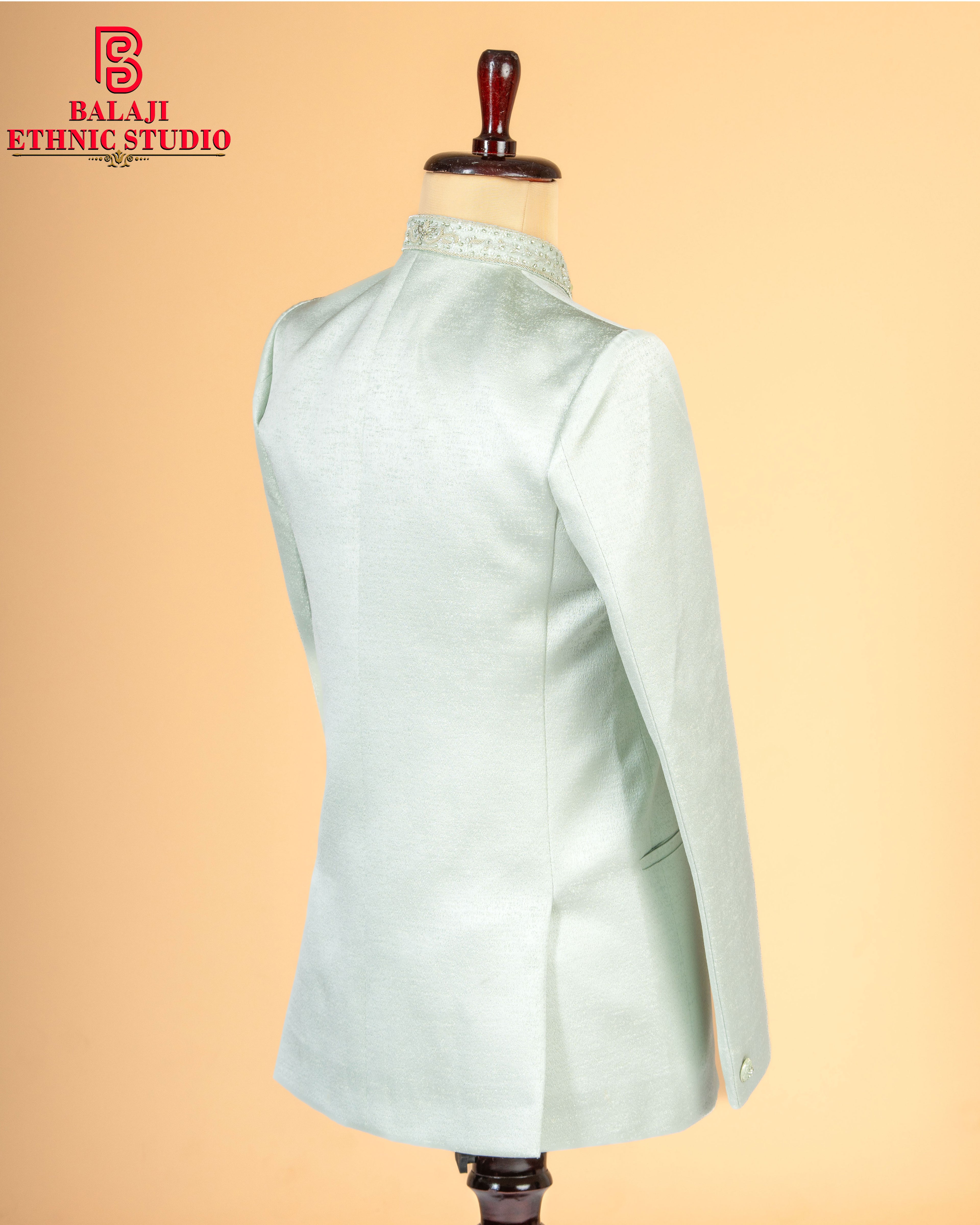 Premium Pista Green Jodhpuri with Zardosi Pocket Motif Work