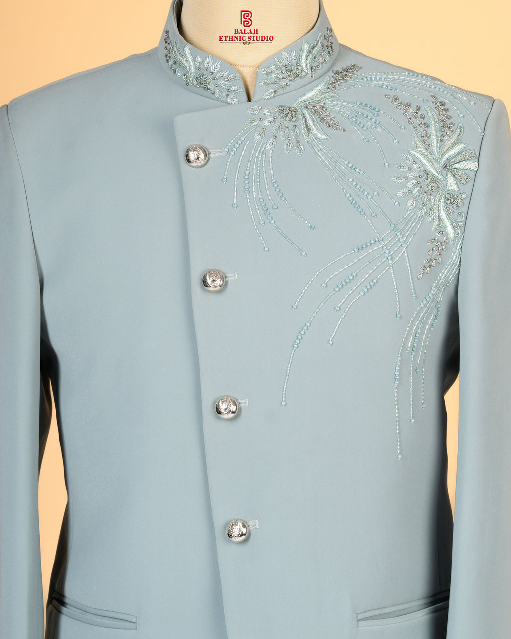 Designer Light Pista Pastel Cross Jodhpuri with Shoulder Embroidery