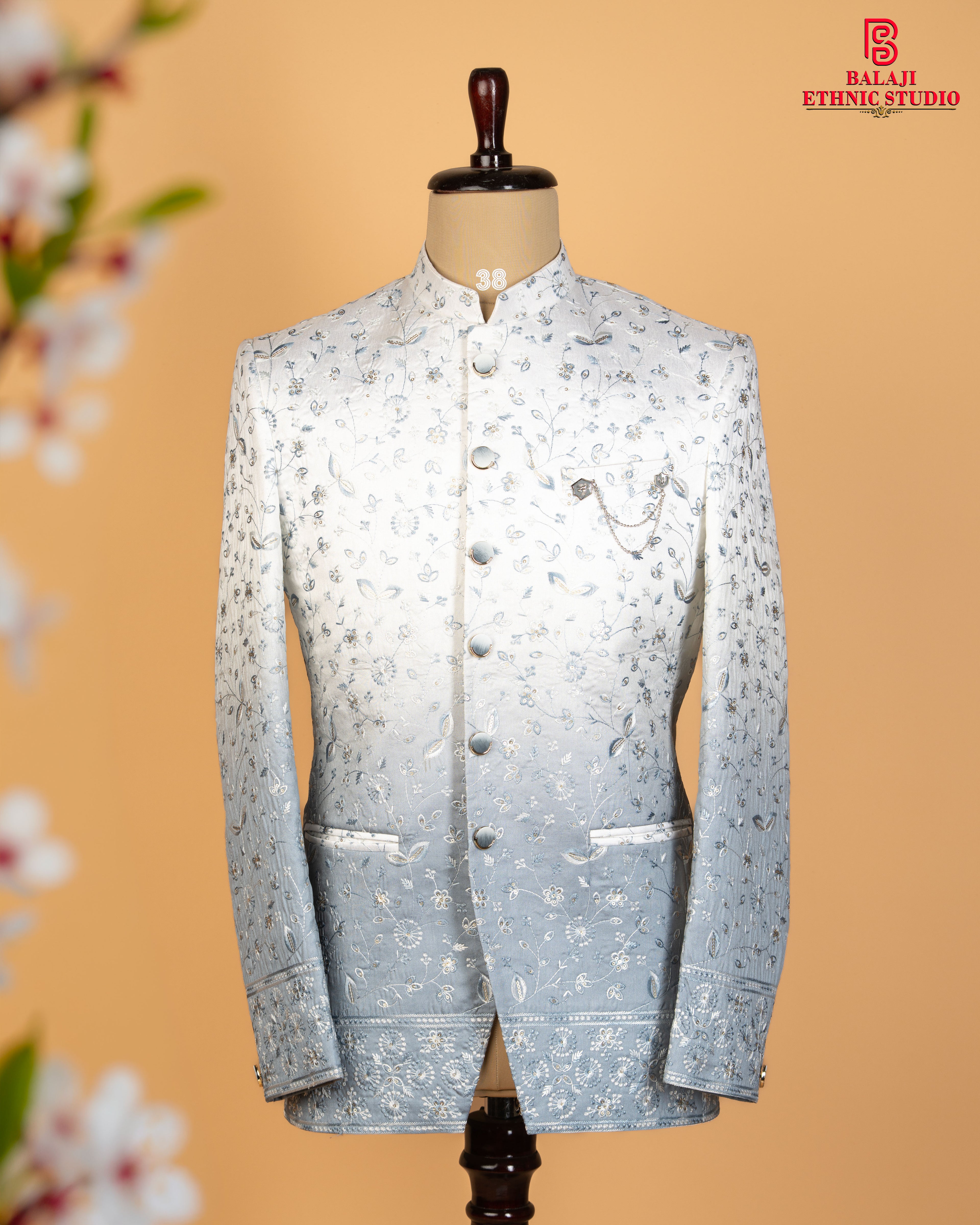 Dual Tone White Grey Jodhpuri with Full Body Embroidery