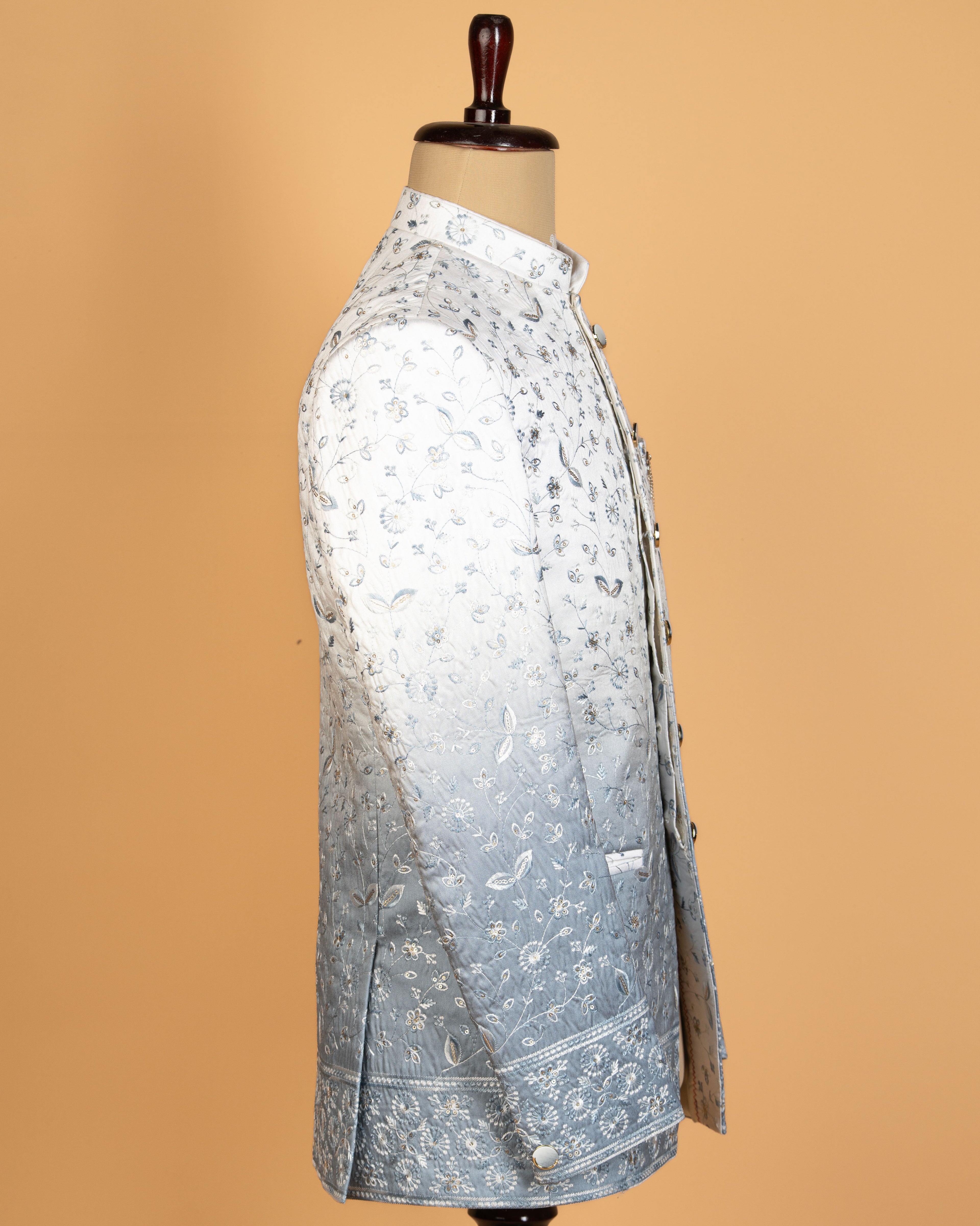 Dual Tone White Grey Jodhpuri with Full Body Embroidery