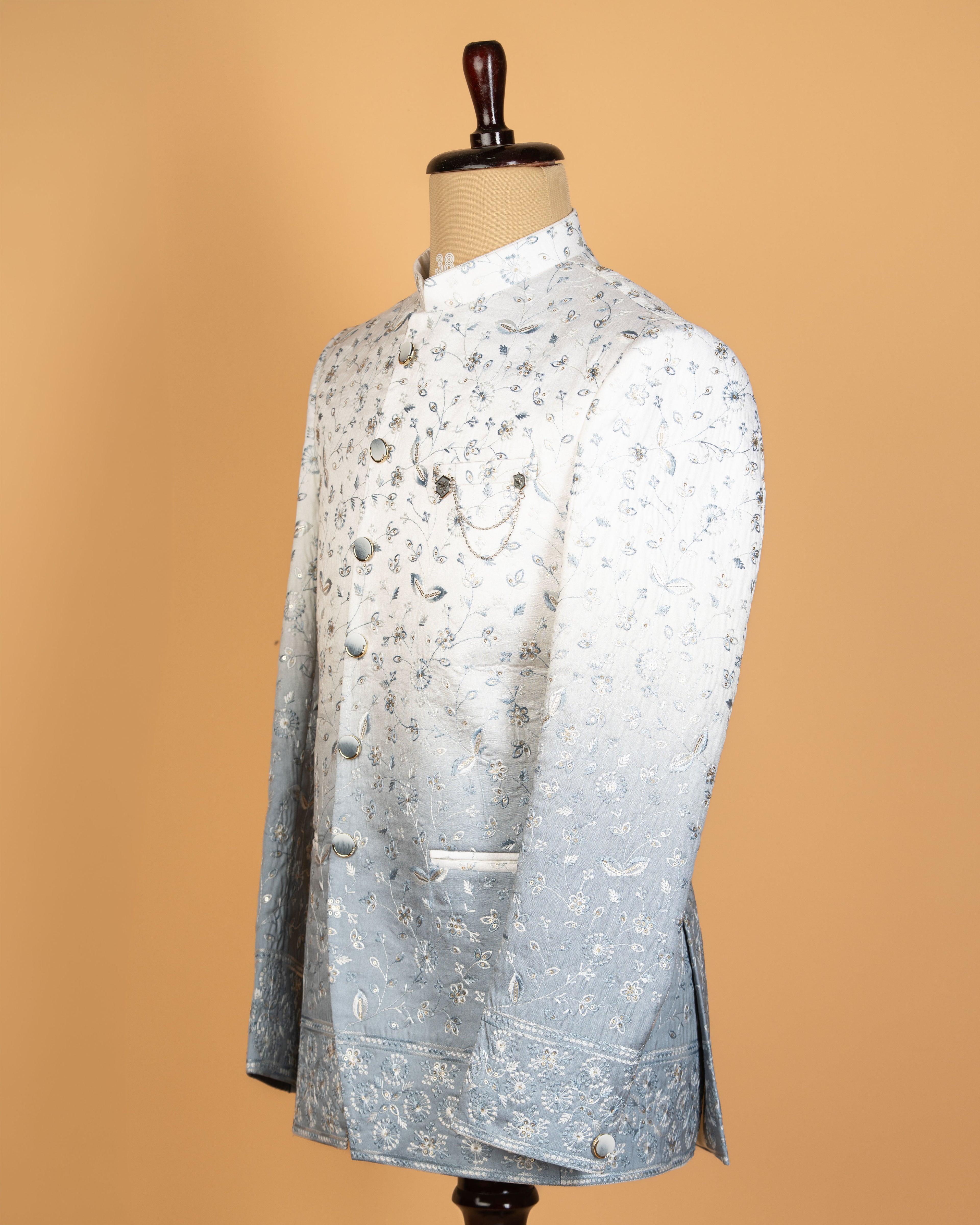 Dual Tone White Grey Jodhpuri with Full Body Embroidery