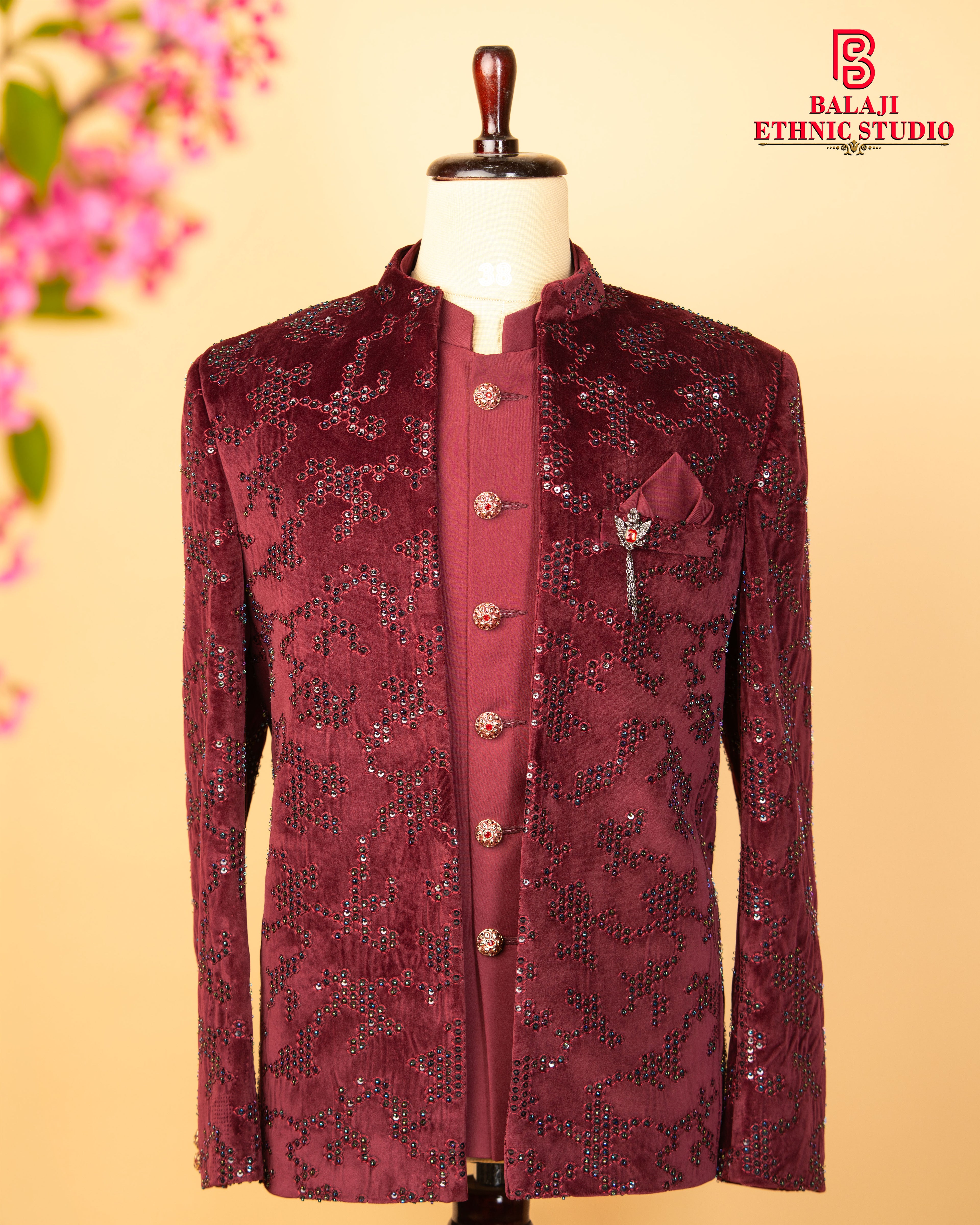 Maroon Velvet Open Jodhpuri with Kardana &amp; Sequin Work