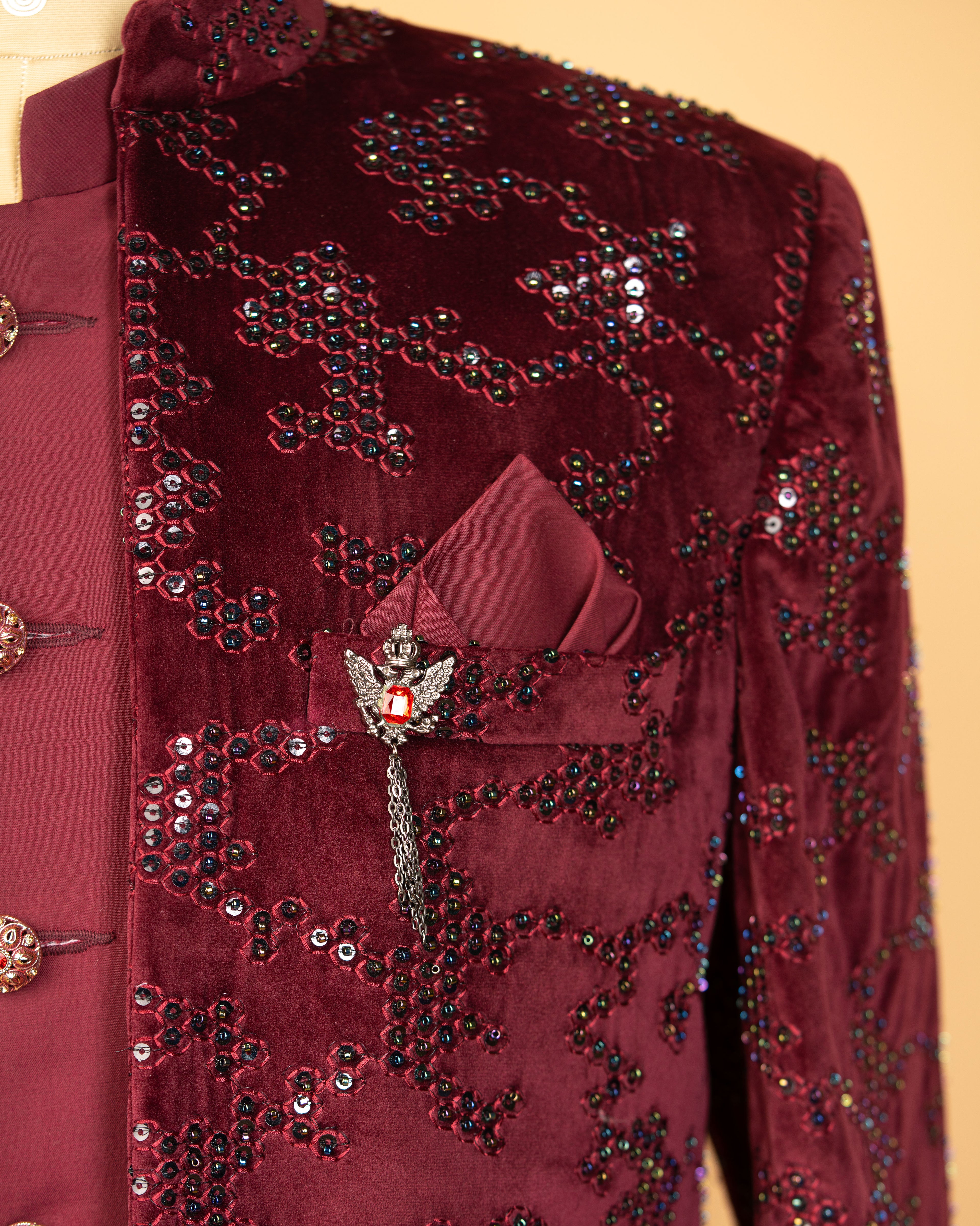 Maroon Velvet Open Jodhpuri with Kardana &amp; Sequin Work