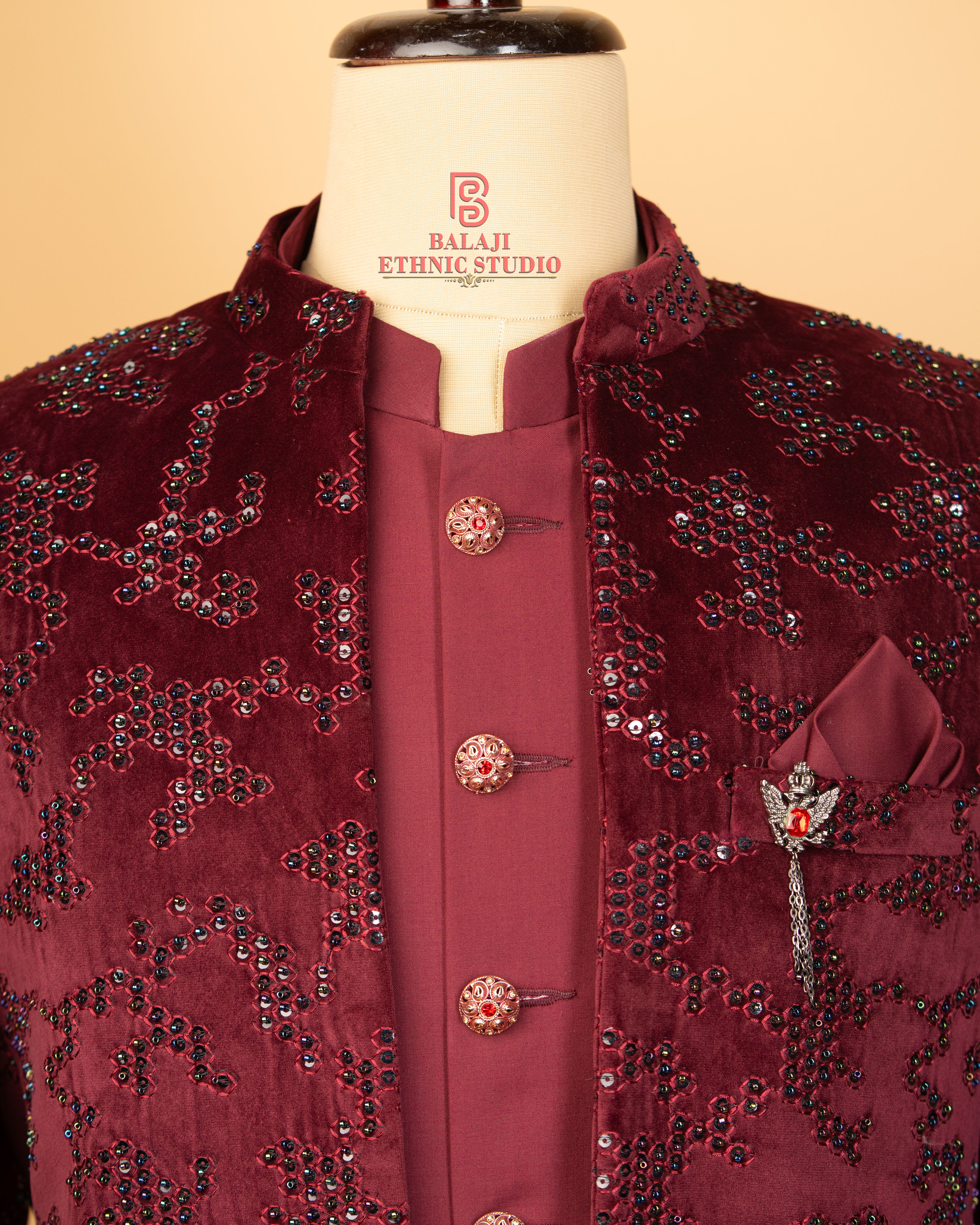 Maroon Velvet Open Jodhpuri with Kardana &amp; Sequin Work