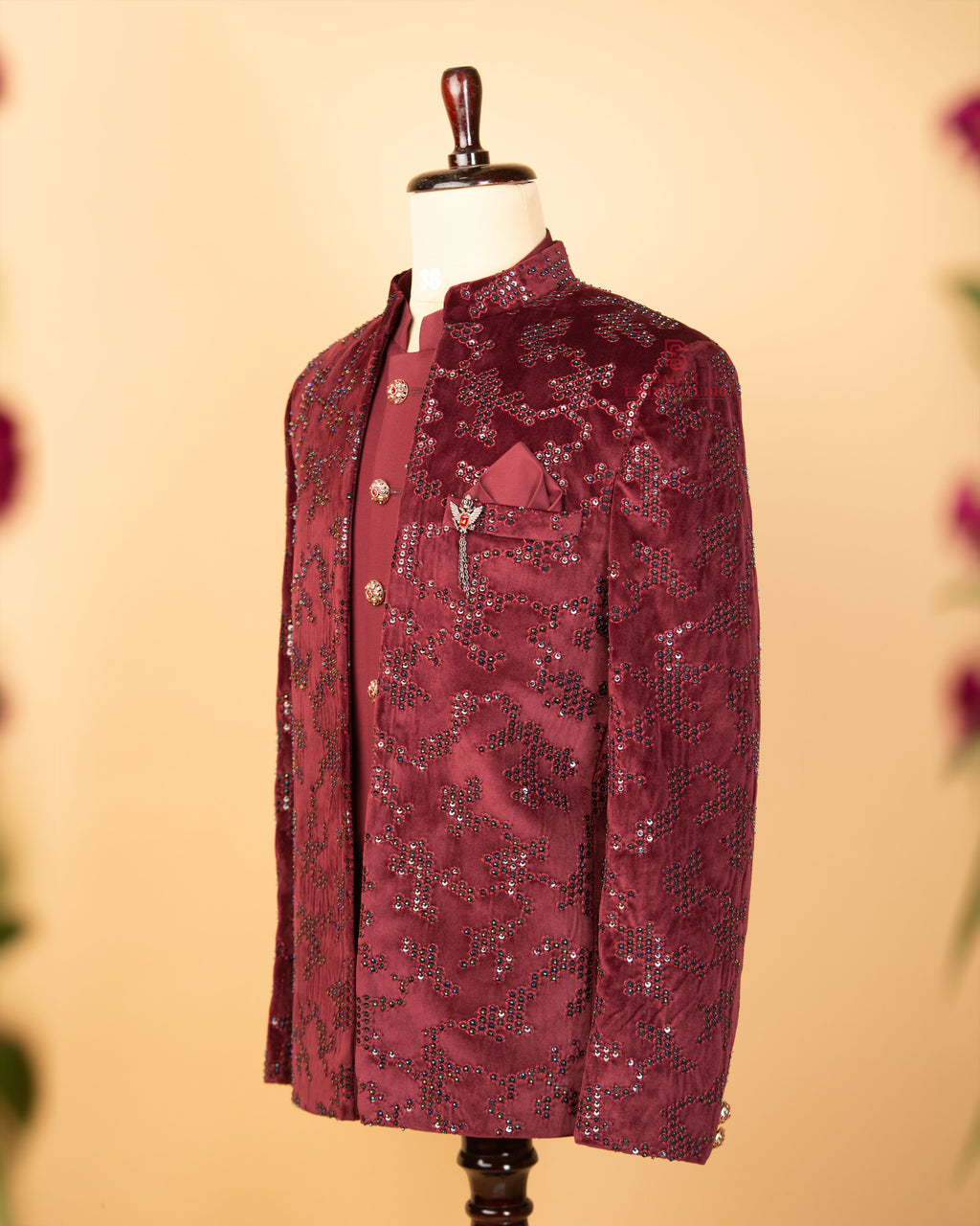 Maroon Velvet Open Jodhpuri with Kardana &amp; Sequin Work