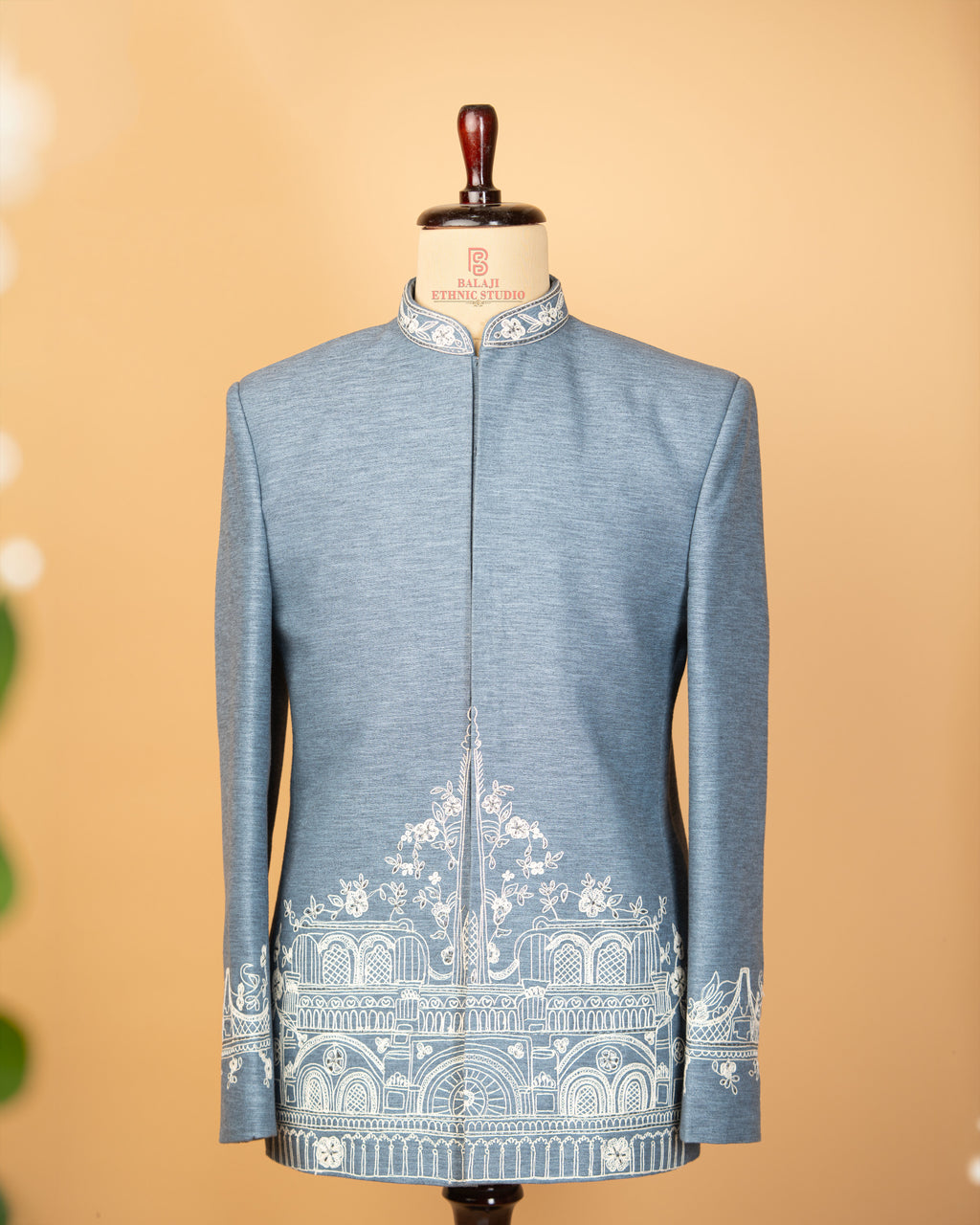 Blue Grey Jodhpuri with Architectural Machine Embroidery