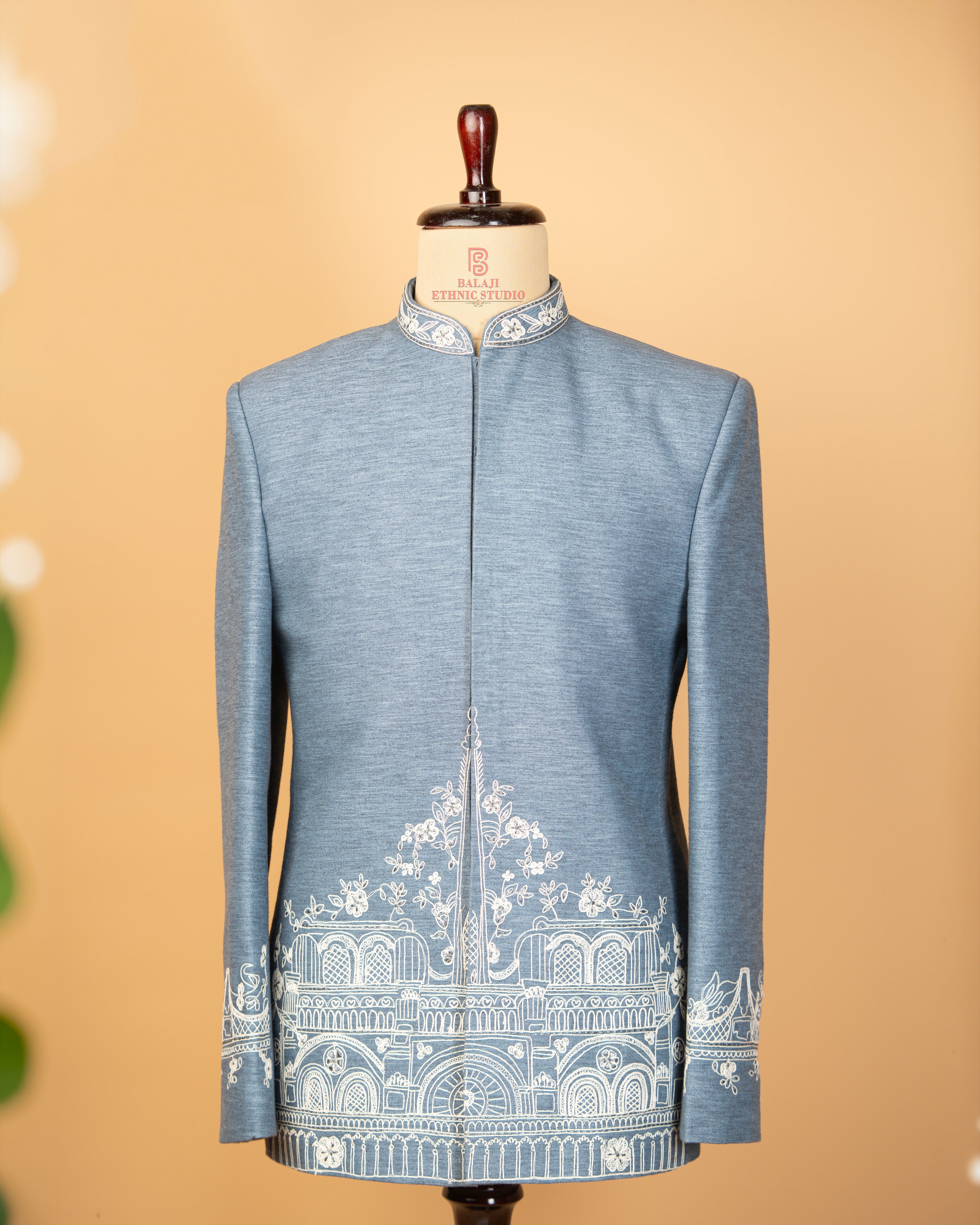 Blue Grey Jodhpuri with Architectural Machine Embroidery