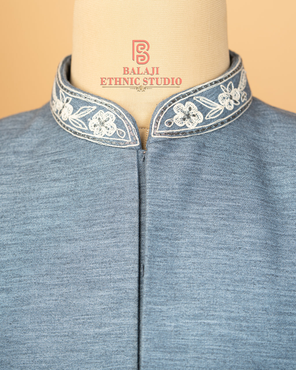 Blue Grey Jodhpuri with Architectural Machine Embroidery