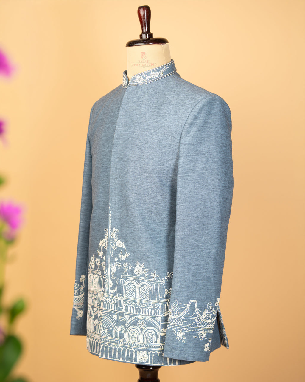 Blue Grey Jodhpuri with Architectural Machine Embroidery