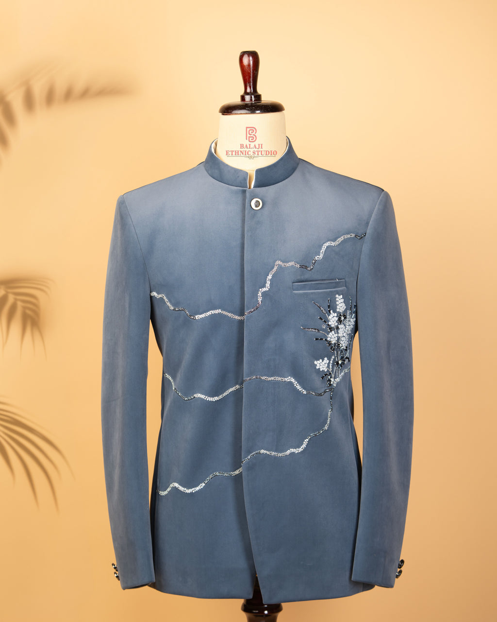 slate blue Velvet Jodhpuri with Kardana work