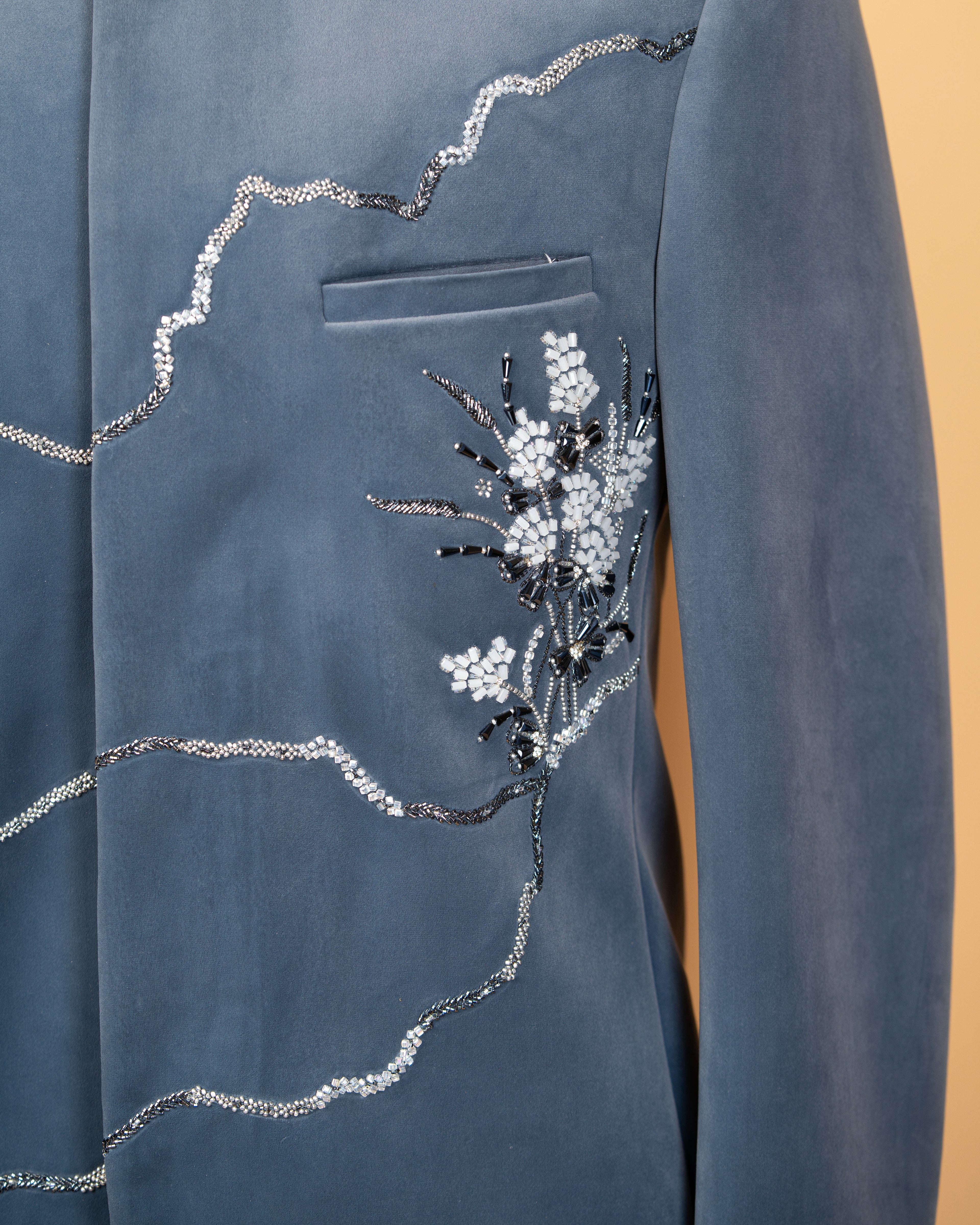 slate blue Velvet Jodhpuri with Kardana work