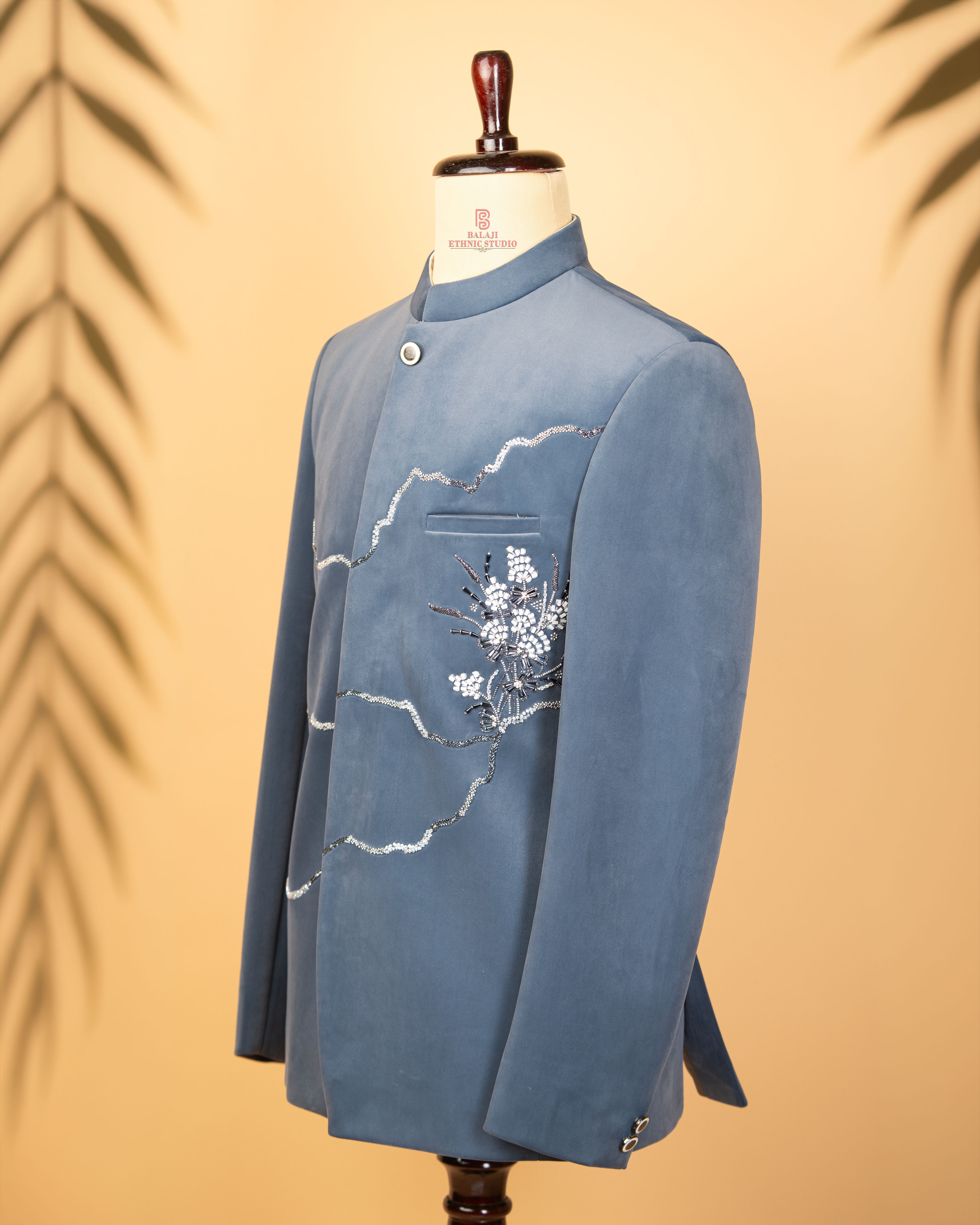 slate blue Velvet Jodhpuri with Kardana work