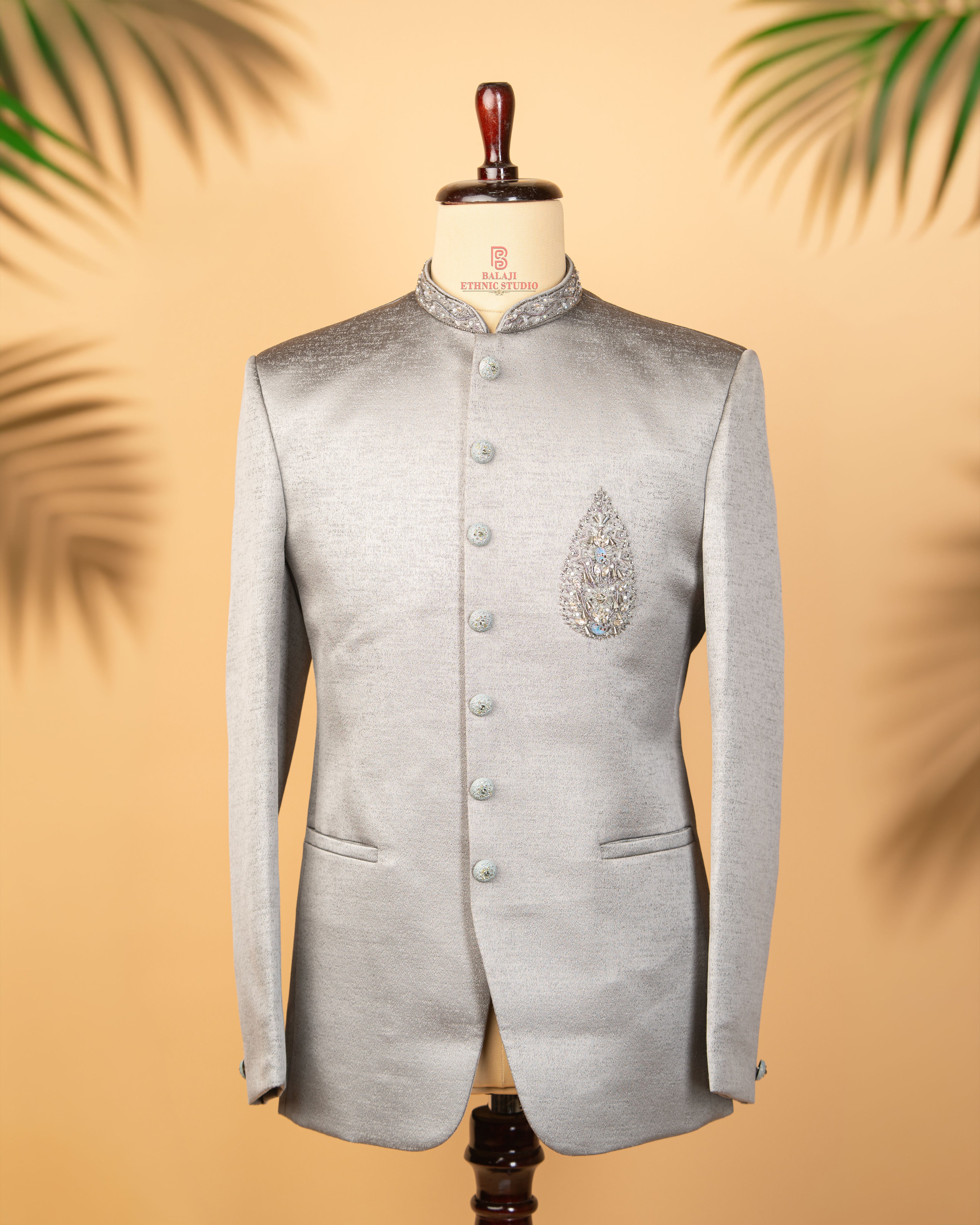 Luxury Light Grey Jodhpuri with Kardana & Zardosi Work