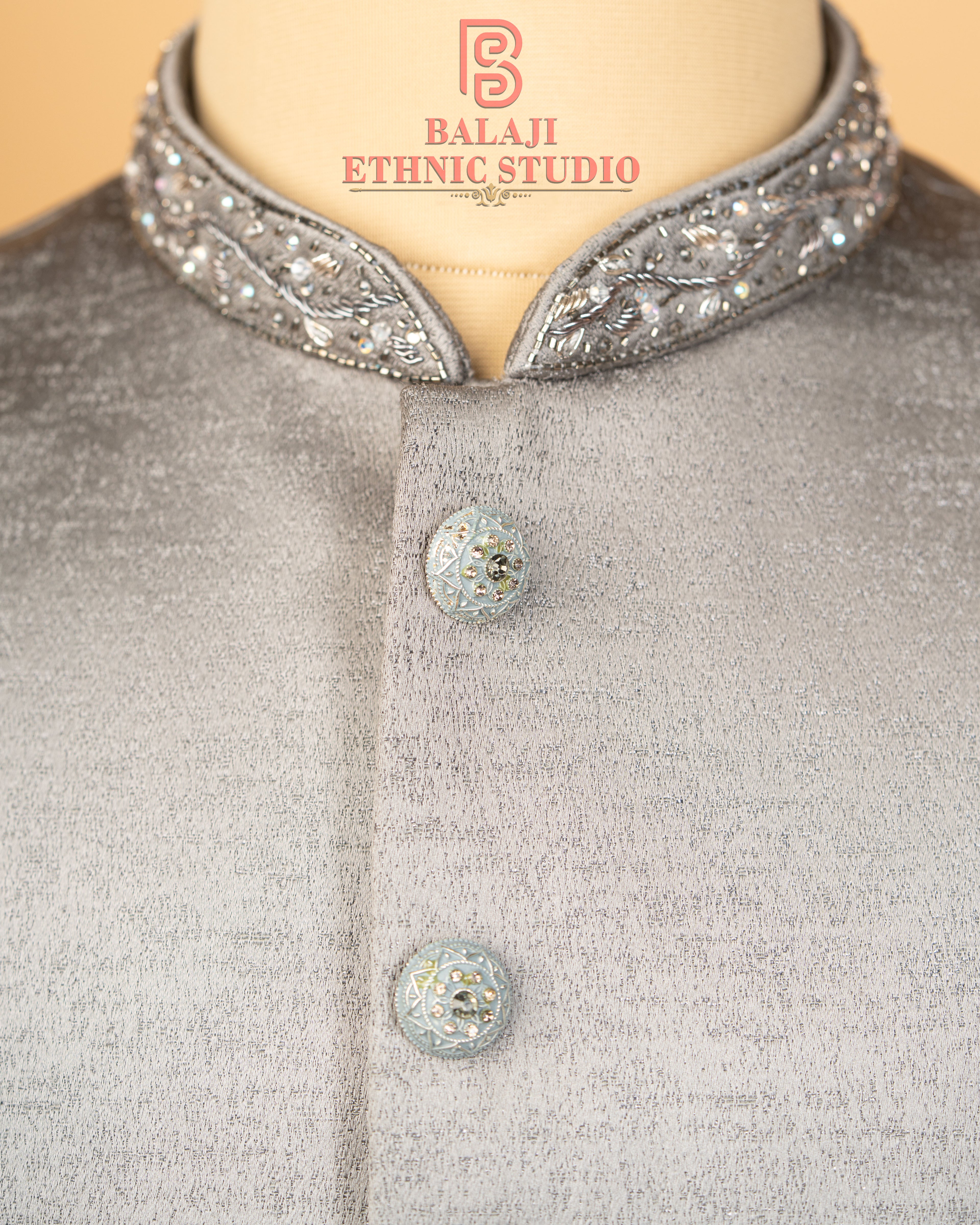 Luxury Light Grey Jodhpuri with Kardana & Zardosi Work