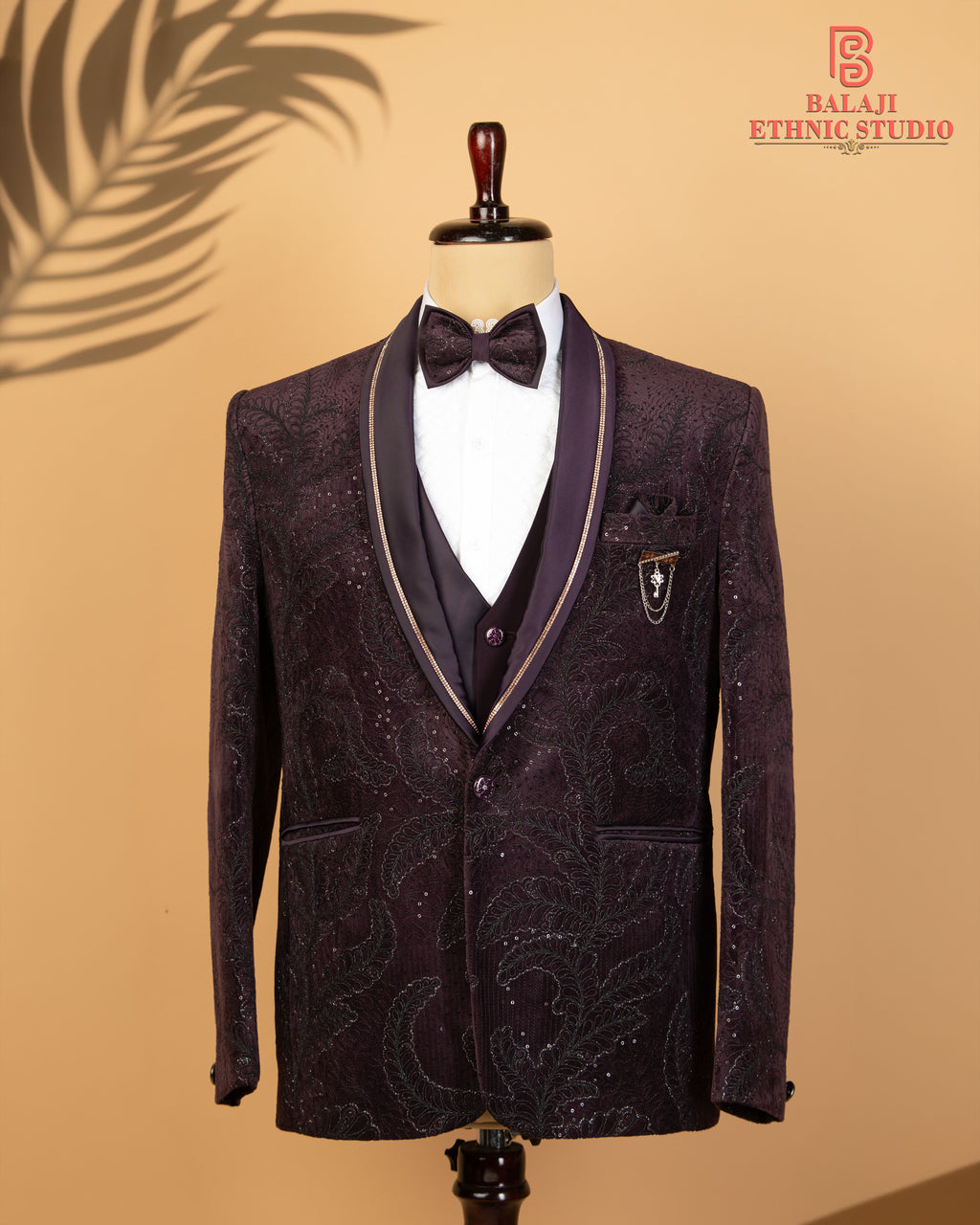 Luxury Dark Purple Velvet 3-Piece Designer Suit with All Over Work