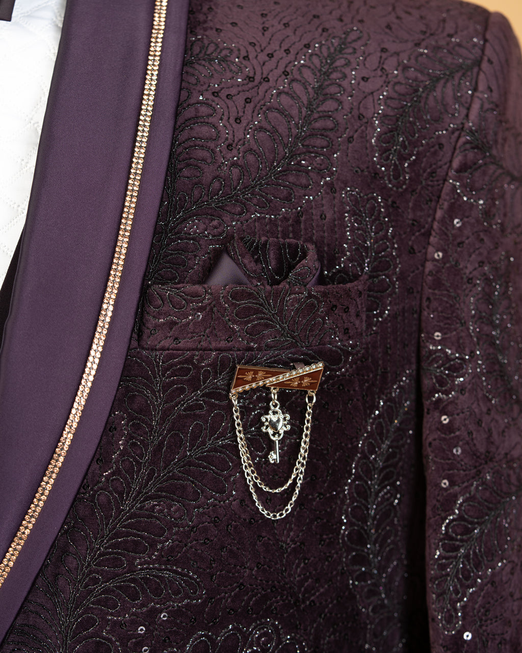 Luxury Dark Purple Velvet 3-Piece Designer Suit with All Over Work