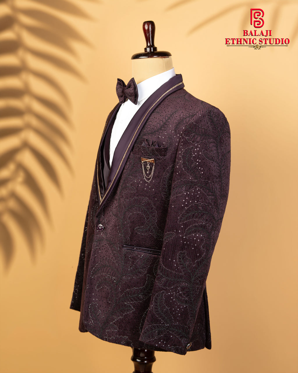 Luxury Dark Purple Velvet 3-Piece Designer Suit with All Over Work