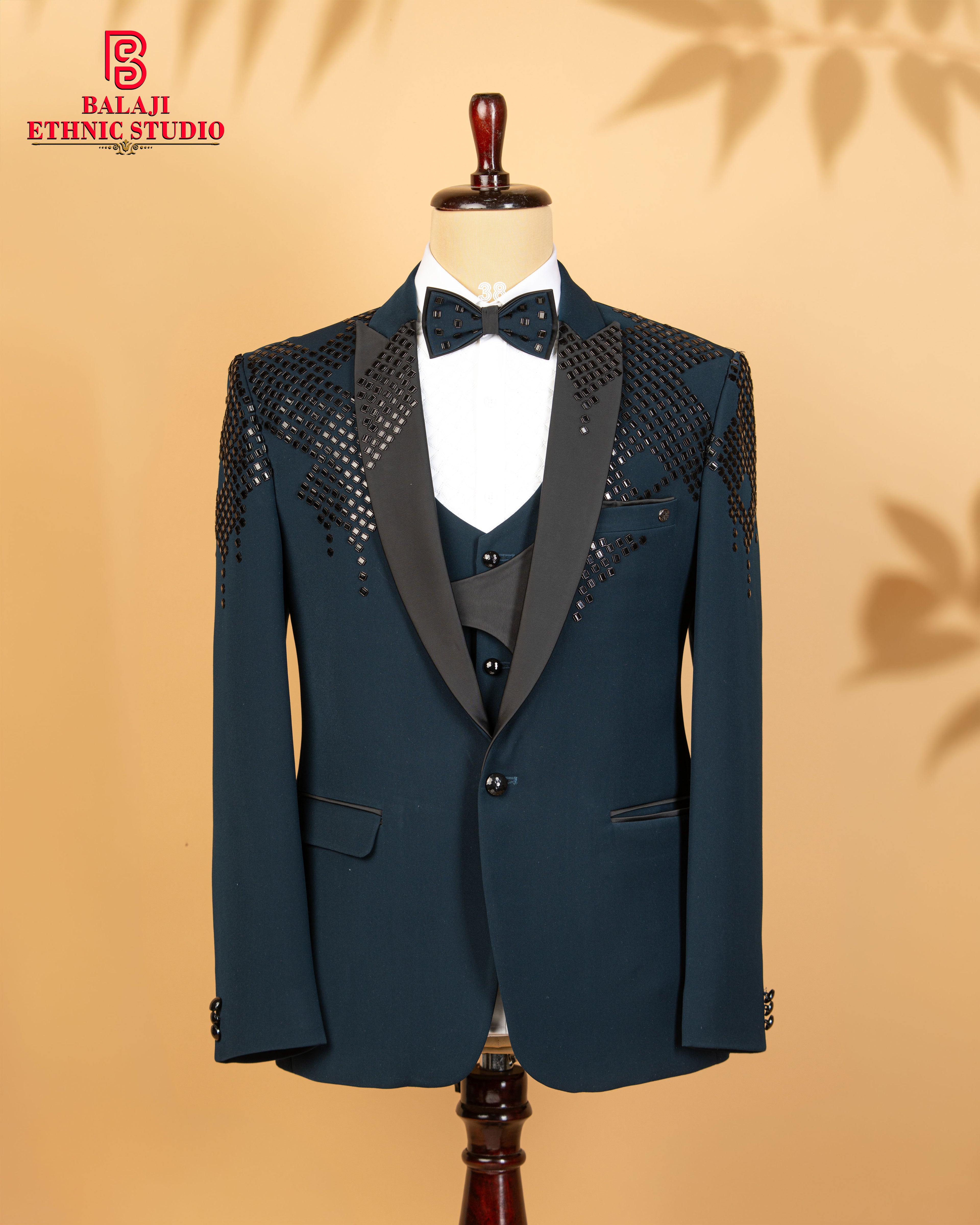 Teal Blue Japanese Fabric 3-Piece Designer Tuxedo Suit