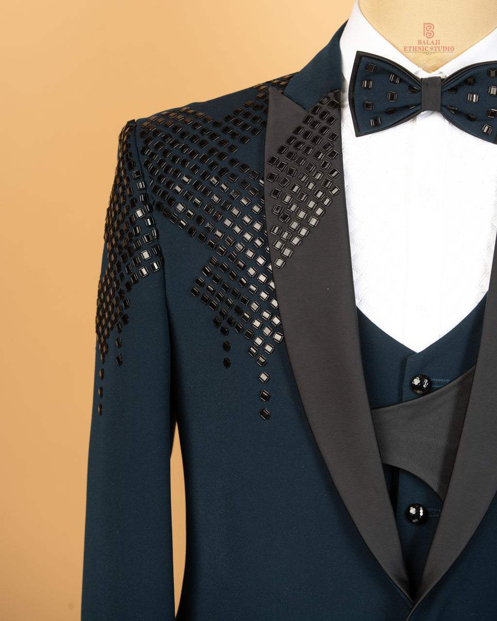 Teal Blue Japanese Fabric 3-Piece Designer Tuxedo Suit