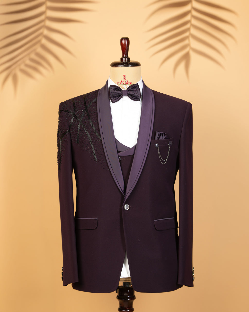 Purple Japanese Fabric 3-Piece Designer Tuxedo Suit