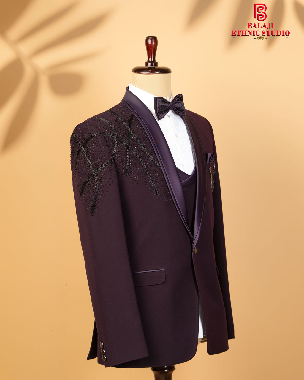 Purple Japanese Fabric 3-Piece Designer Tuxedo Suit