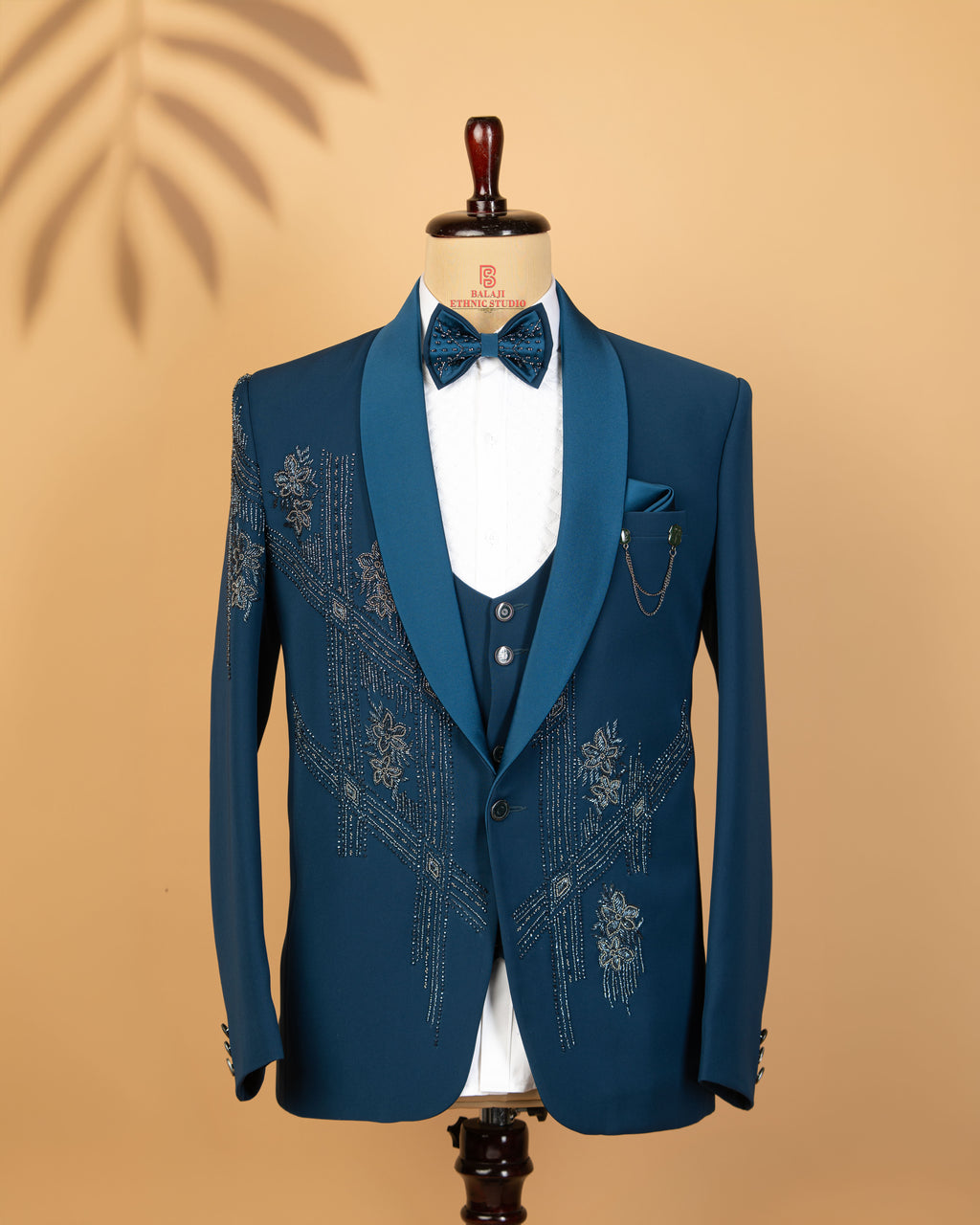 Teal Blue Japanese Fabric 3-Piece Designer Tuxedo Suit