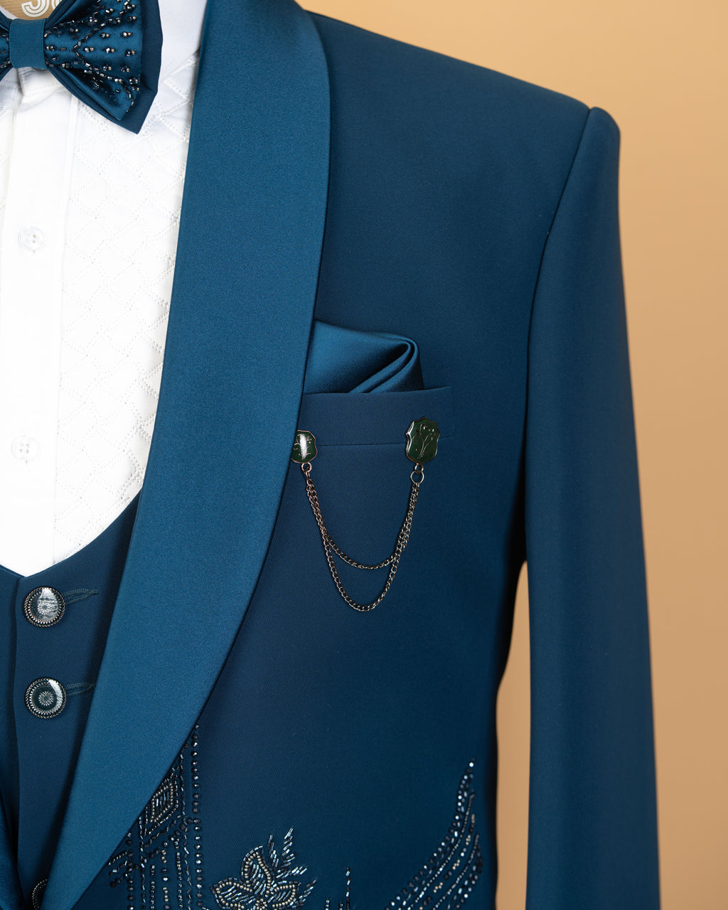 Teal Blue Japanese Fabric 3-Piece Designer Tuxedo Suit