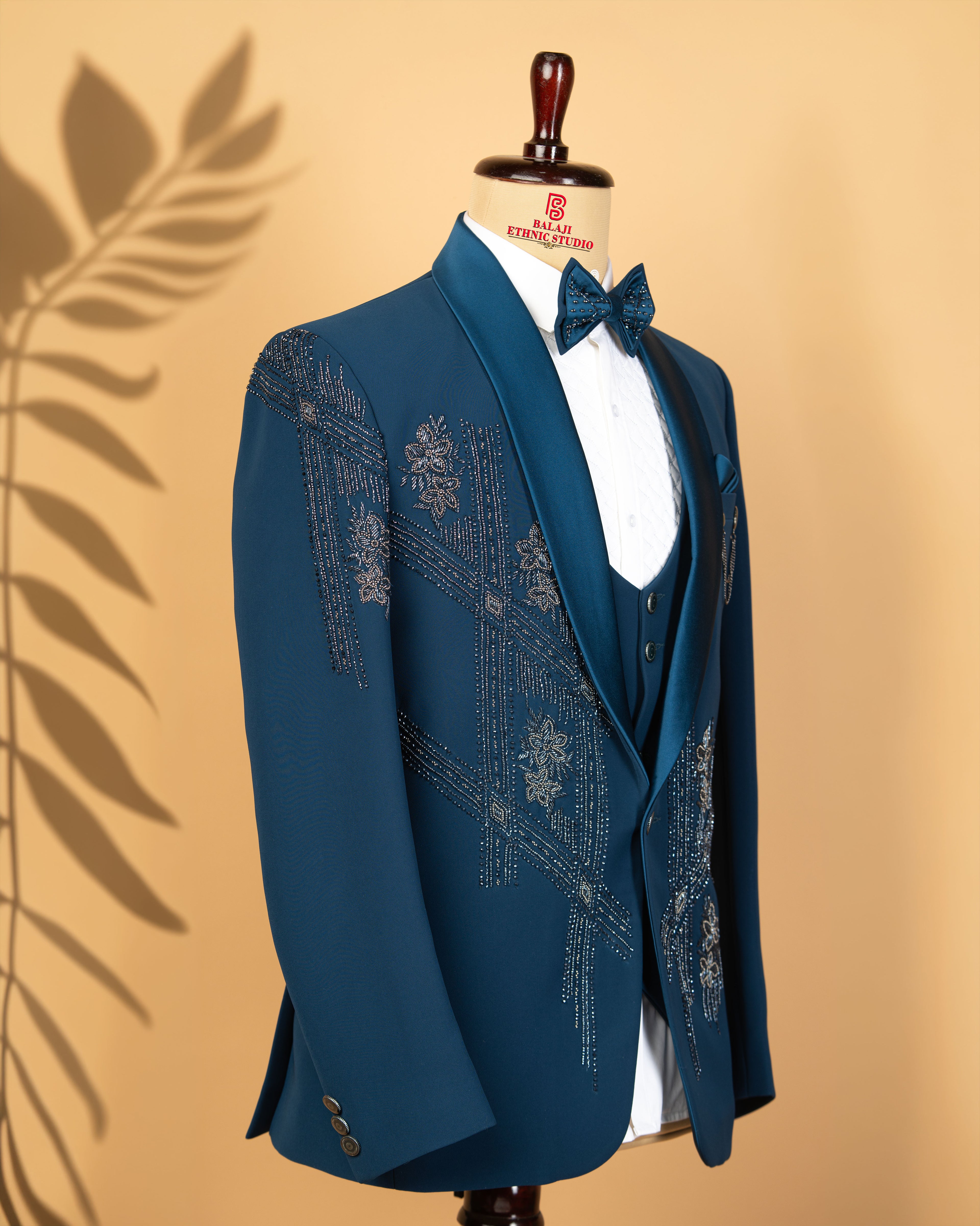 Teal Blue Japanese Fabric 3-Piece Designer Tuxedo Suit