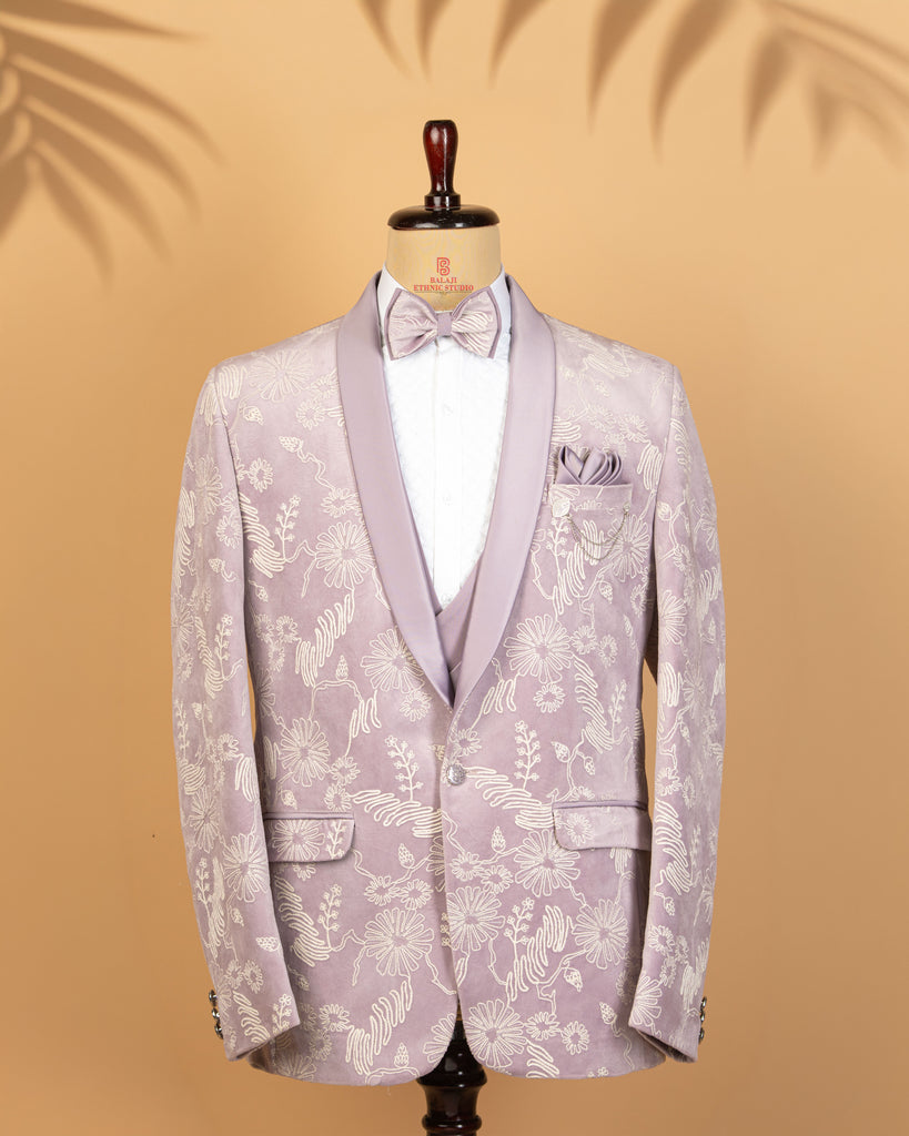 Light Lavender Velvet Emboss Print 3-Piece Designer Tuxedo Suit